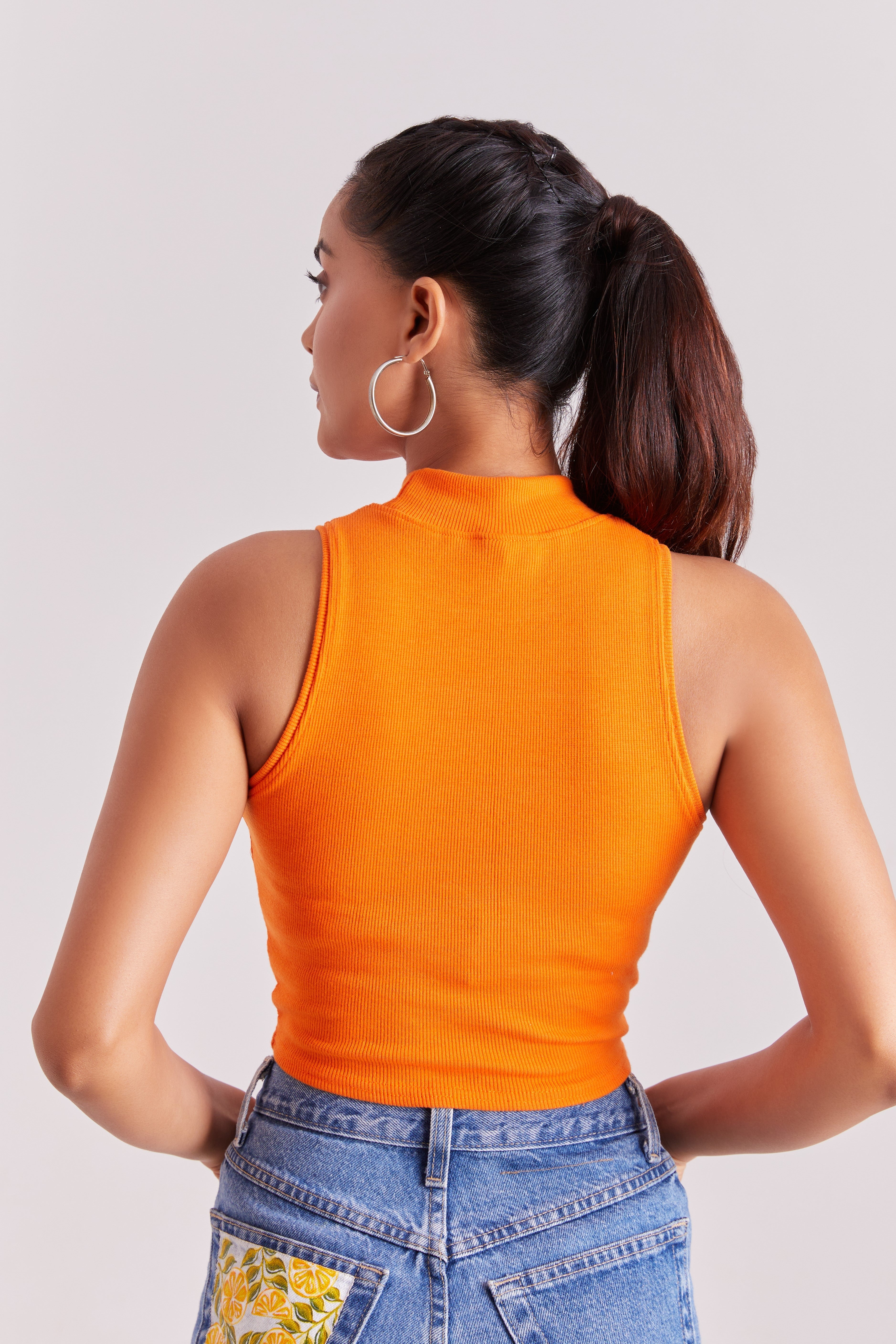 Orange Ribbed High Neck Sleeveless Crop Top