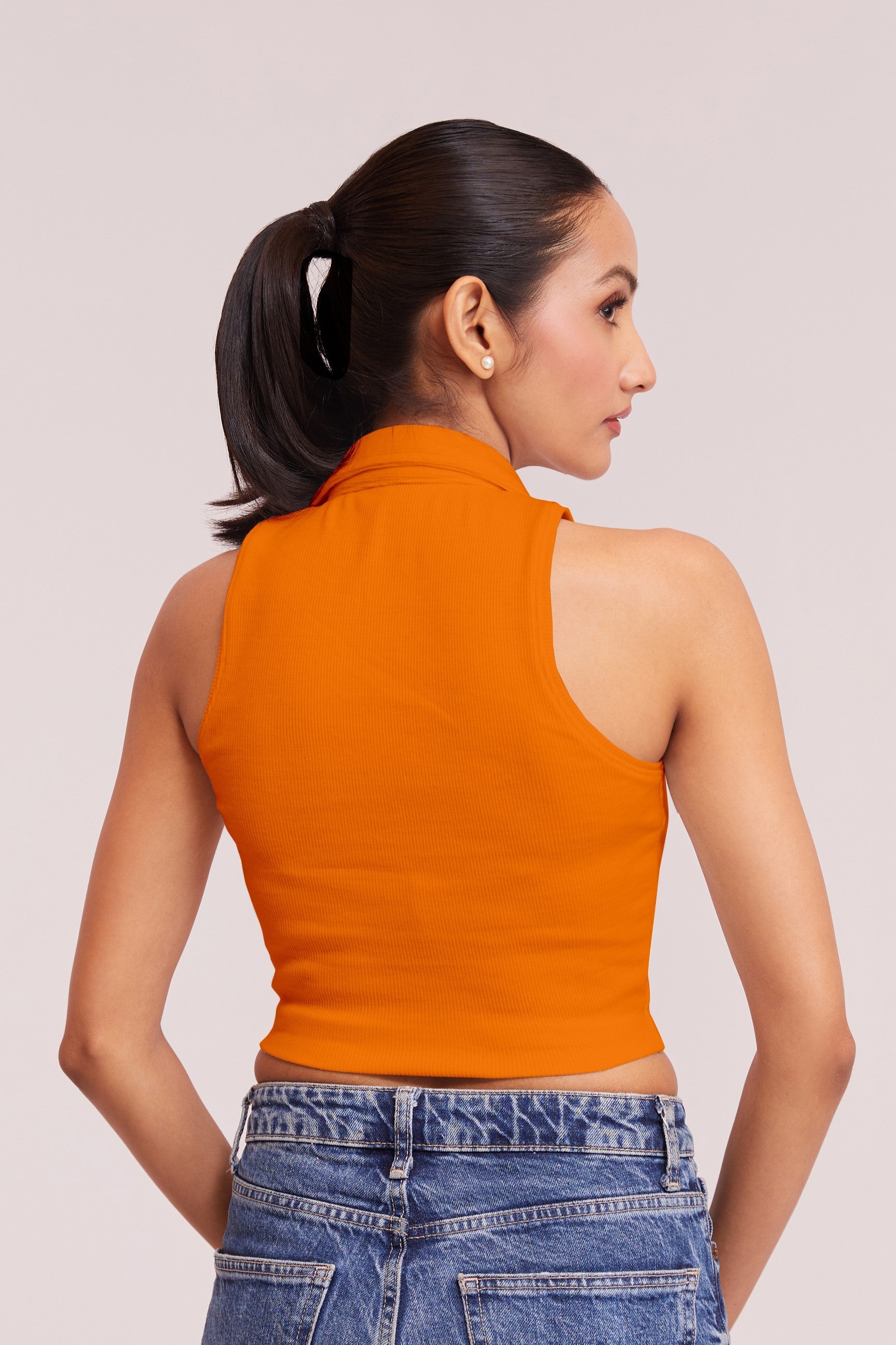 Orange-Ribbed Collared Sleeveless Crop Top
