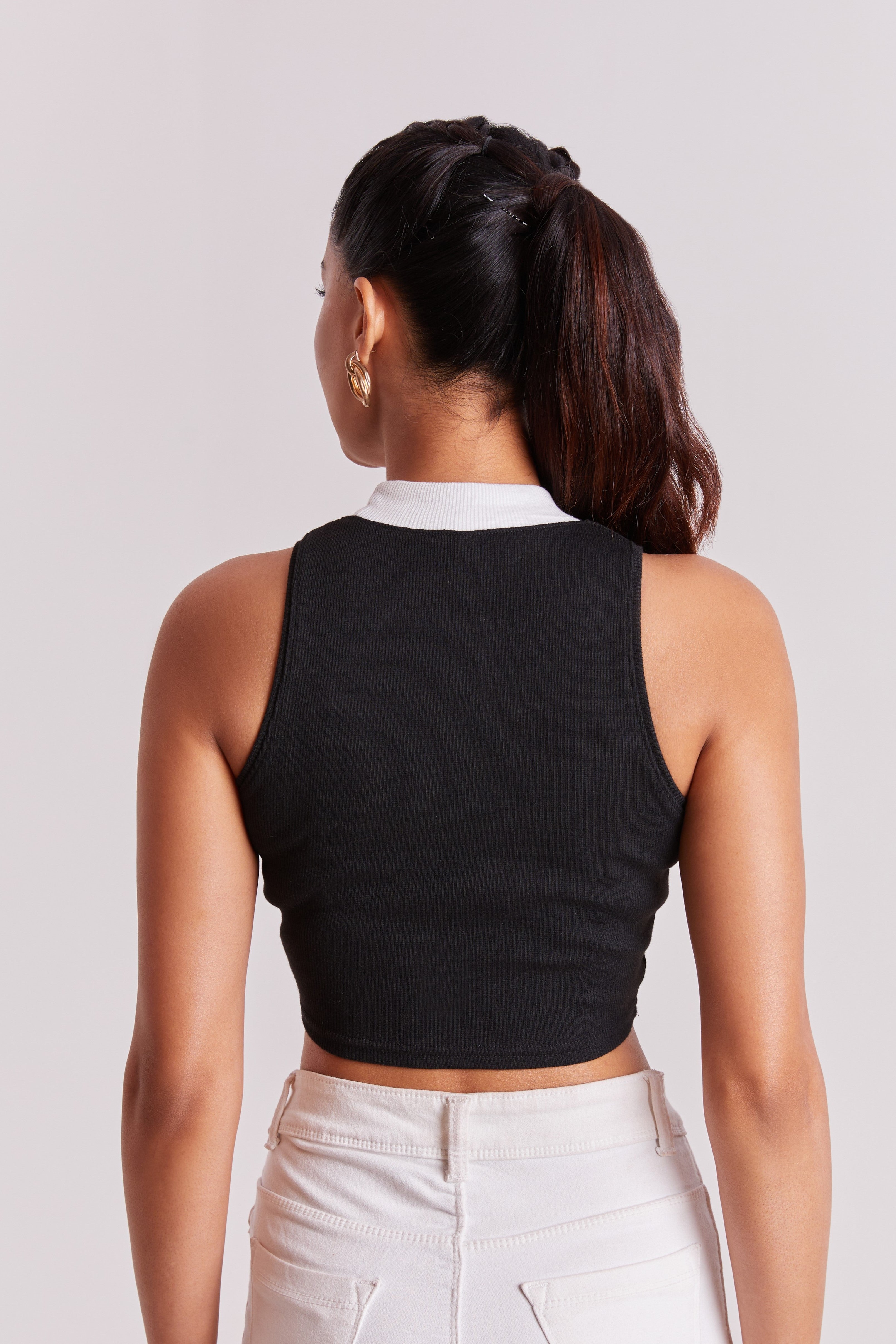Black & White Ribbed High Neck Sleeveless Crop Top