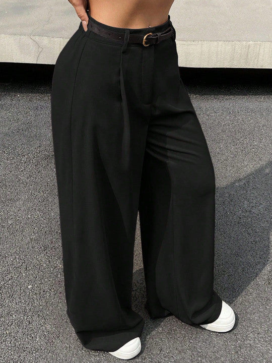 Premium High-Waist Brown Wide Leg Belted Trousers