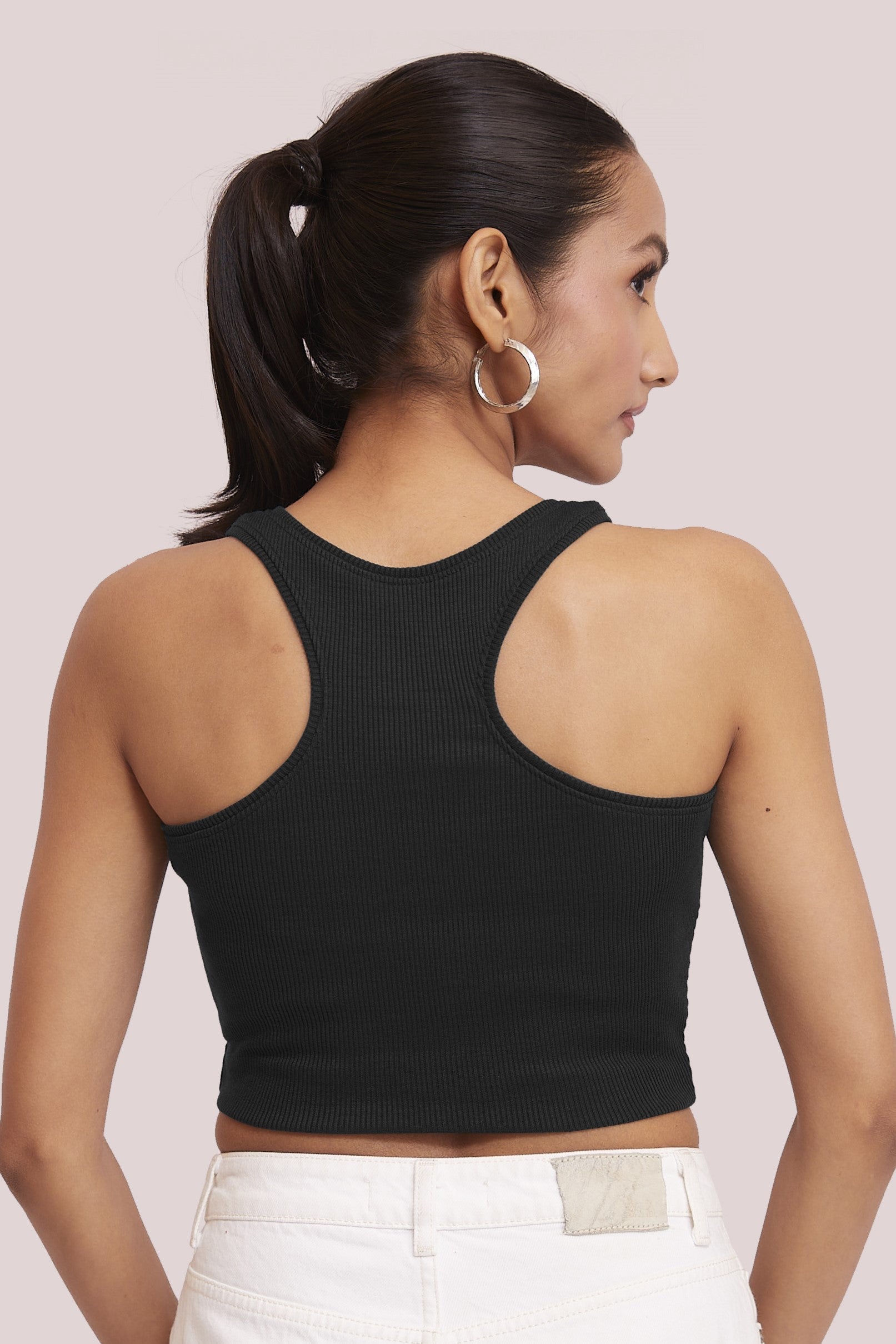 Black Ribbed V-Neck Sleeveless Crop Top
