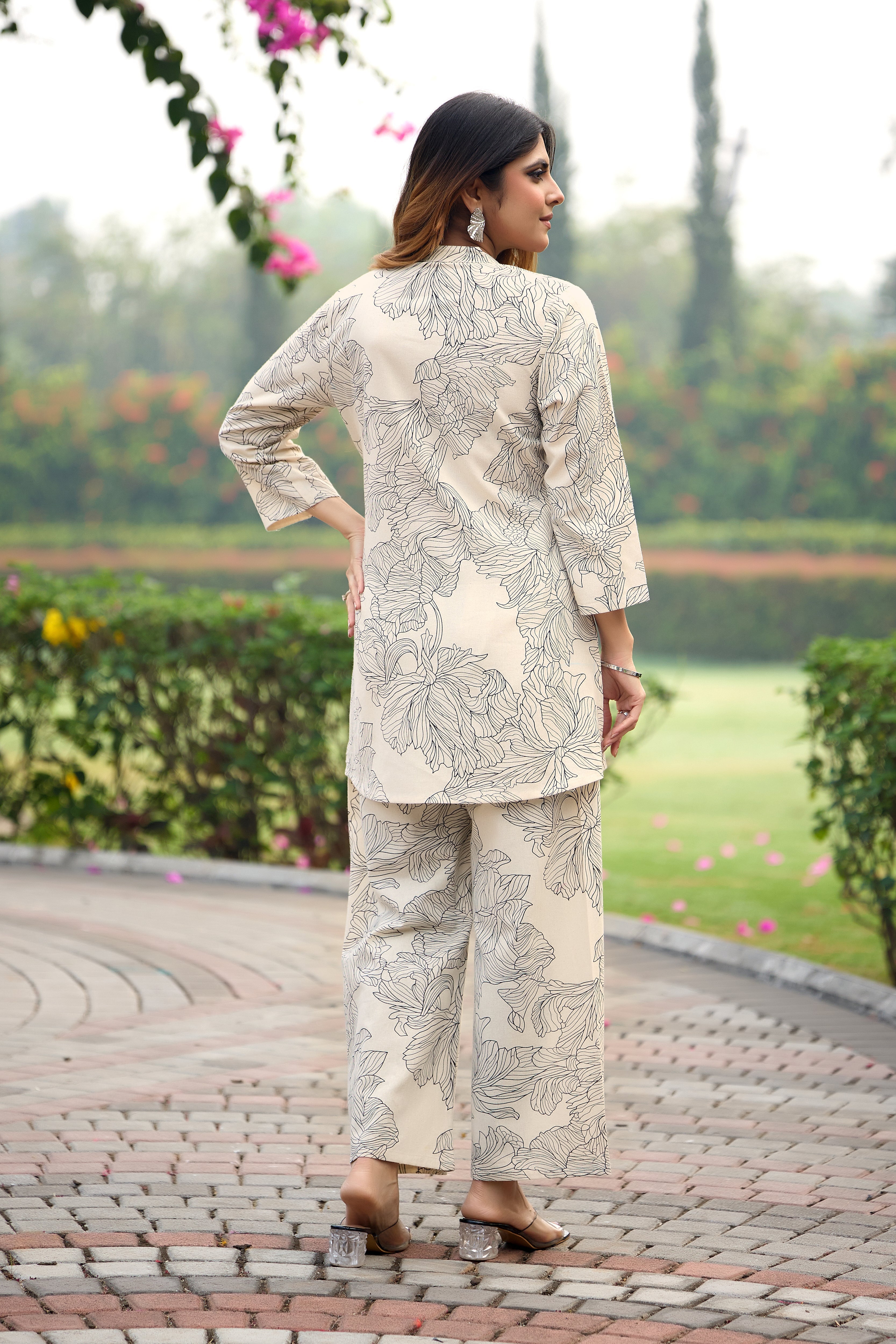 Soft Beige Floral Line Print Co-ord Set