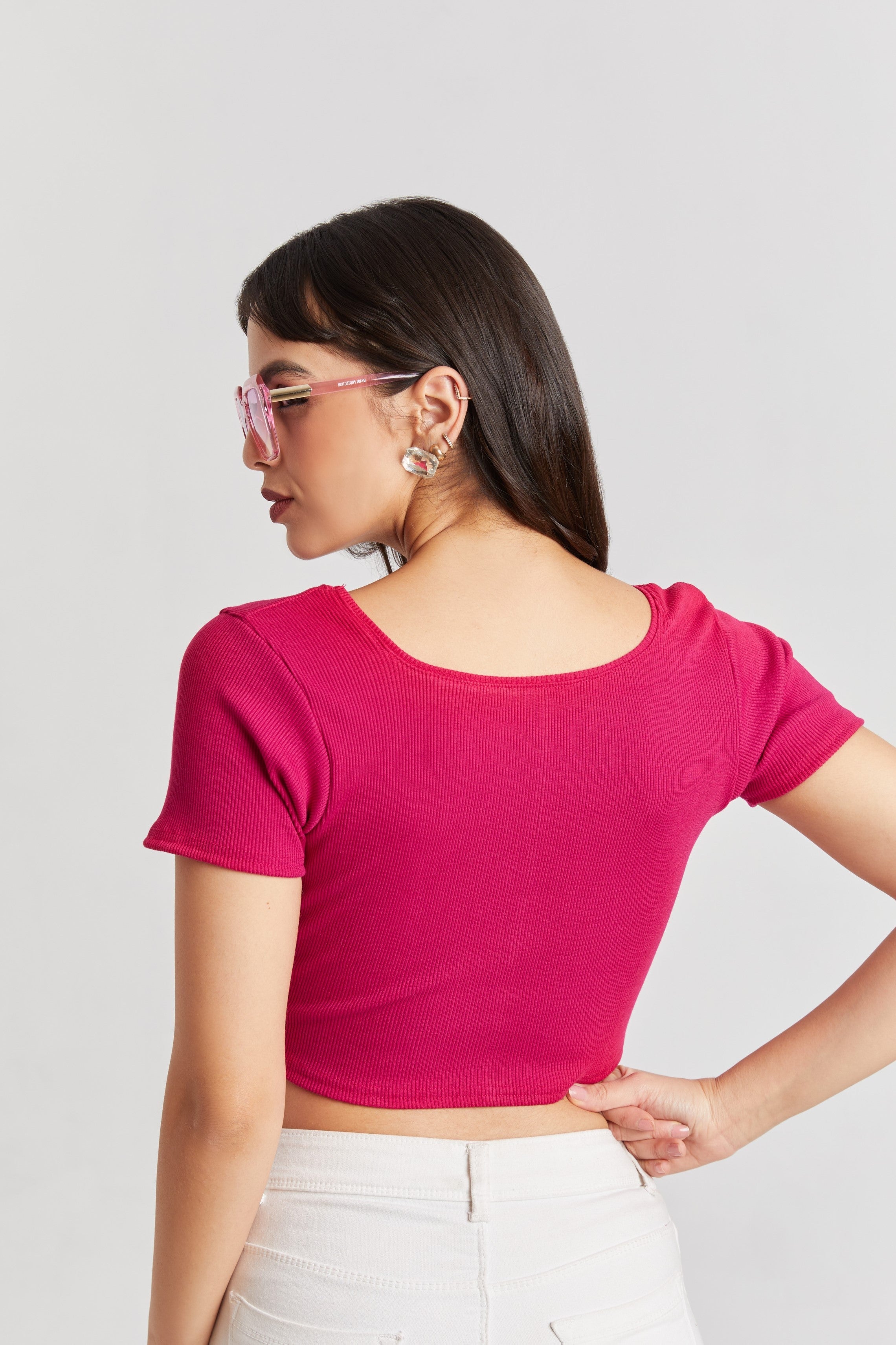 Pink Ribbed Square Neck Crop Top