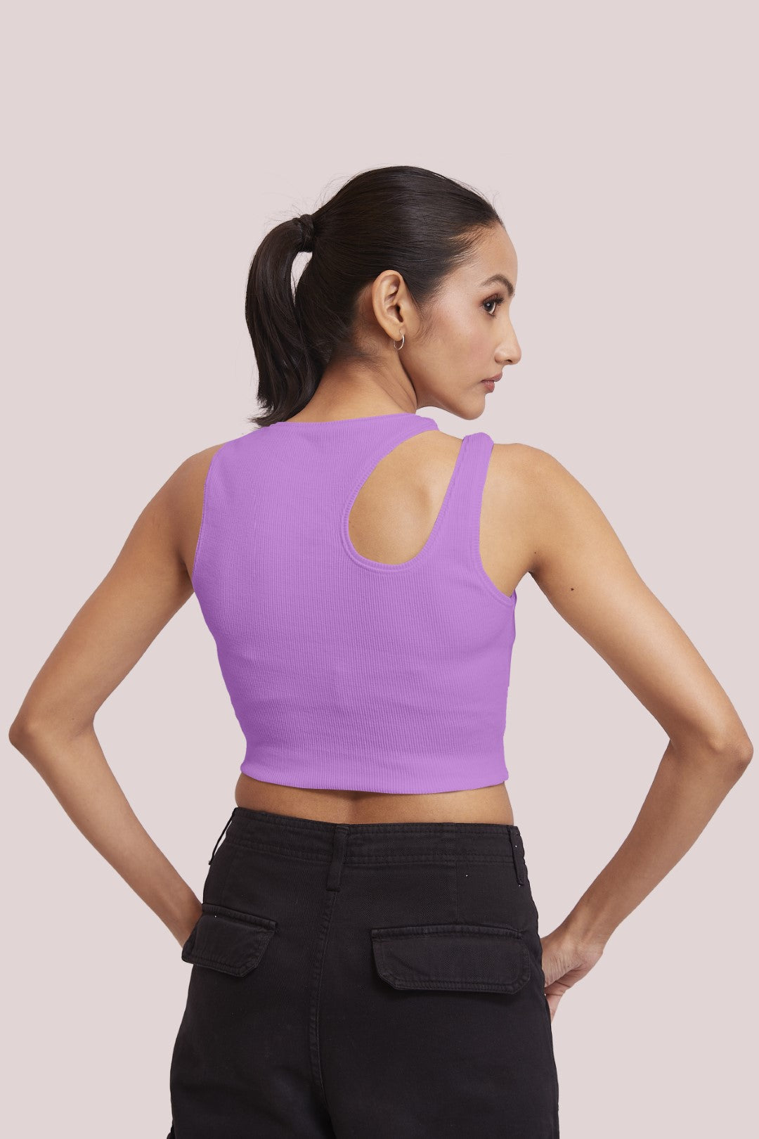 Orange & White-Ribbed Sleeveless Cut-Out Tank Top