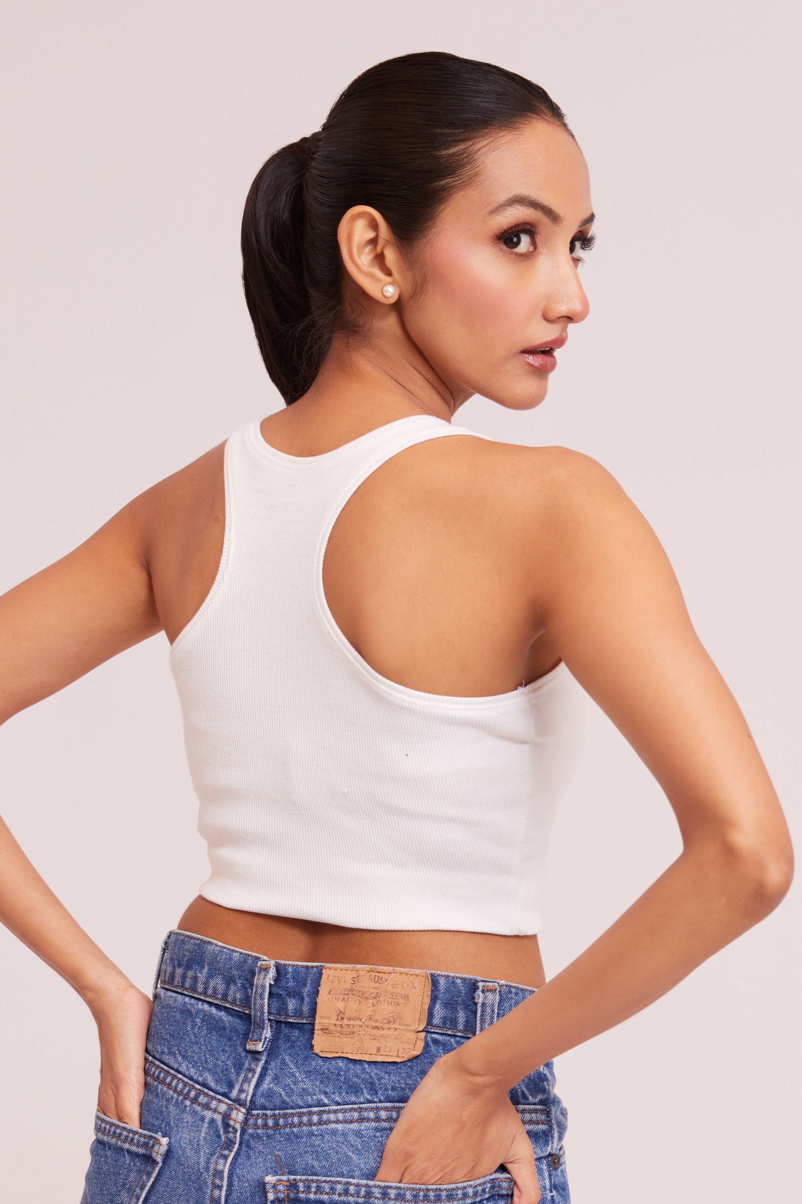Black Ribbed V-Neck Sleeveless Crop Top