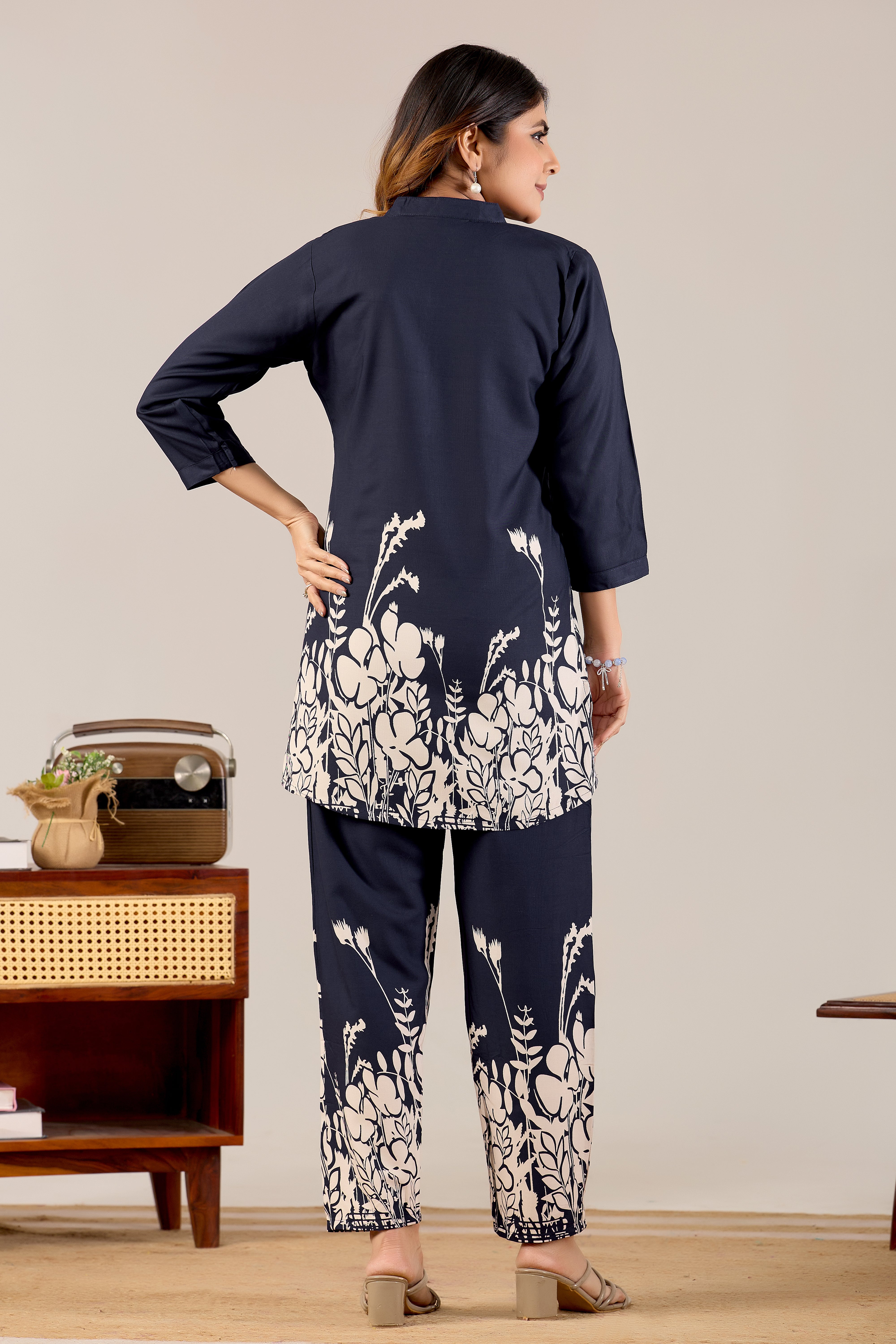 Navy Blue Floral Silhouette Co-ord Set