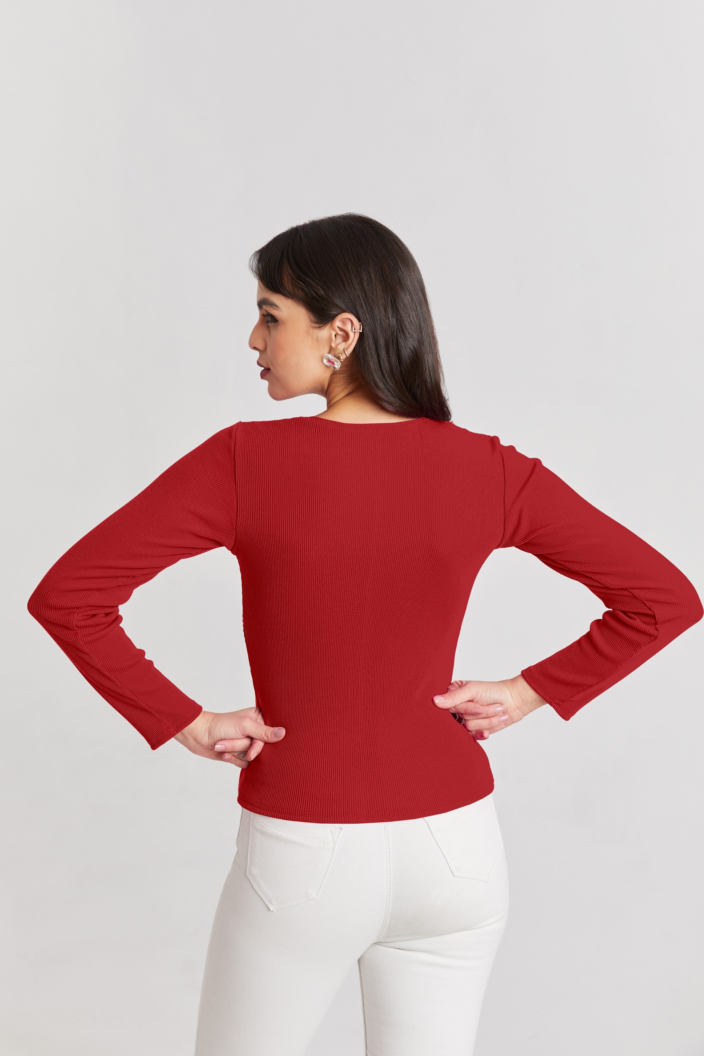 Deep Red Ribbed Square Neck Top