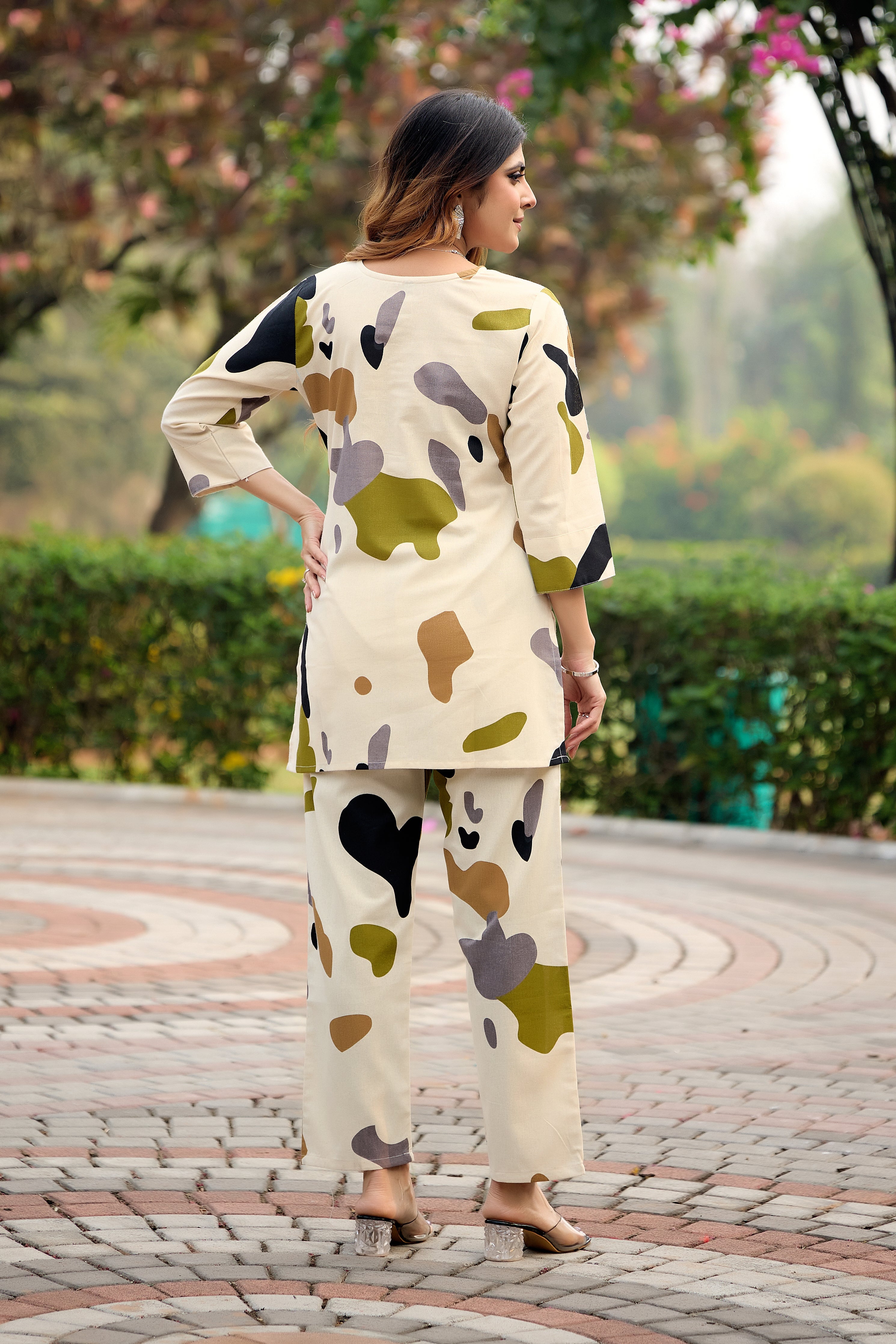 Cream Olive Contemporary Print Co-ord Set