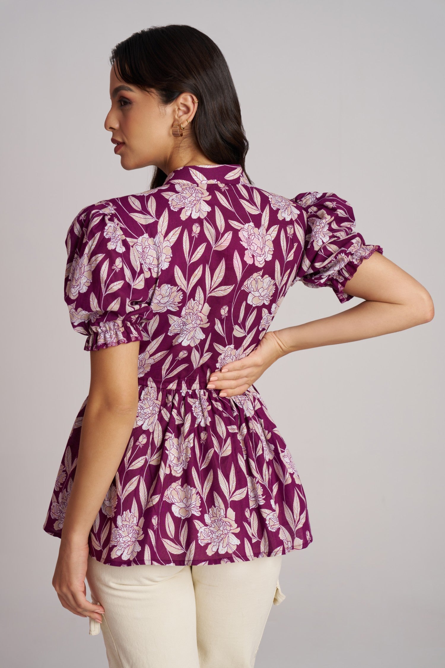 Olive Bloom Puff Sleeve Peplum Top
