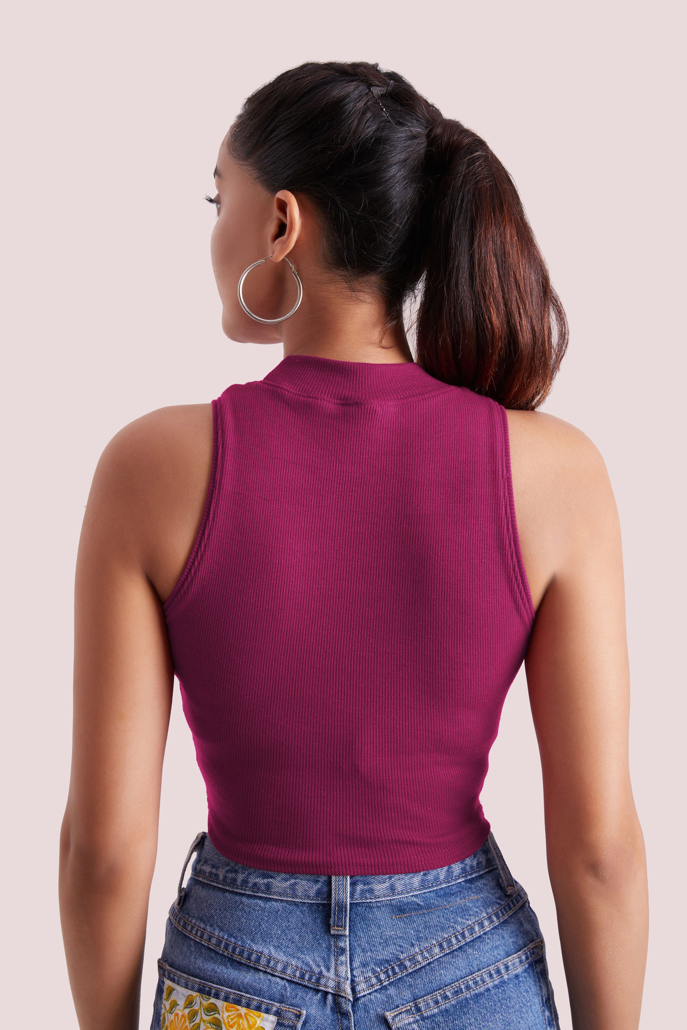 Wine Ribbed High Neck Sleeveless Crop Top