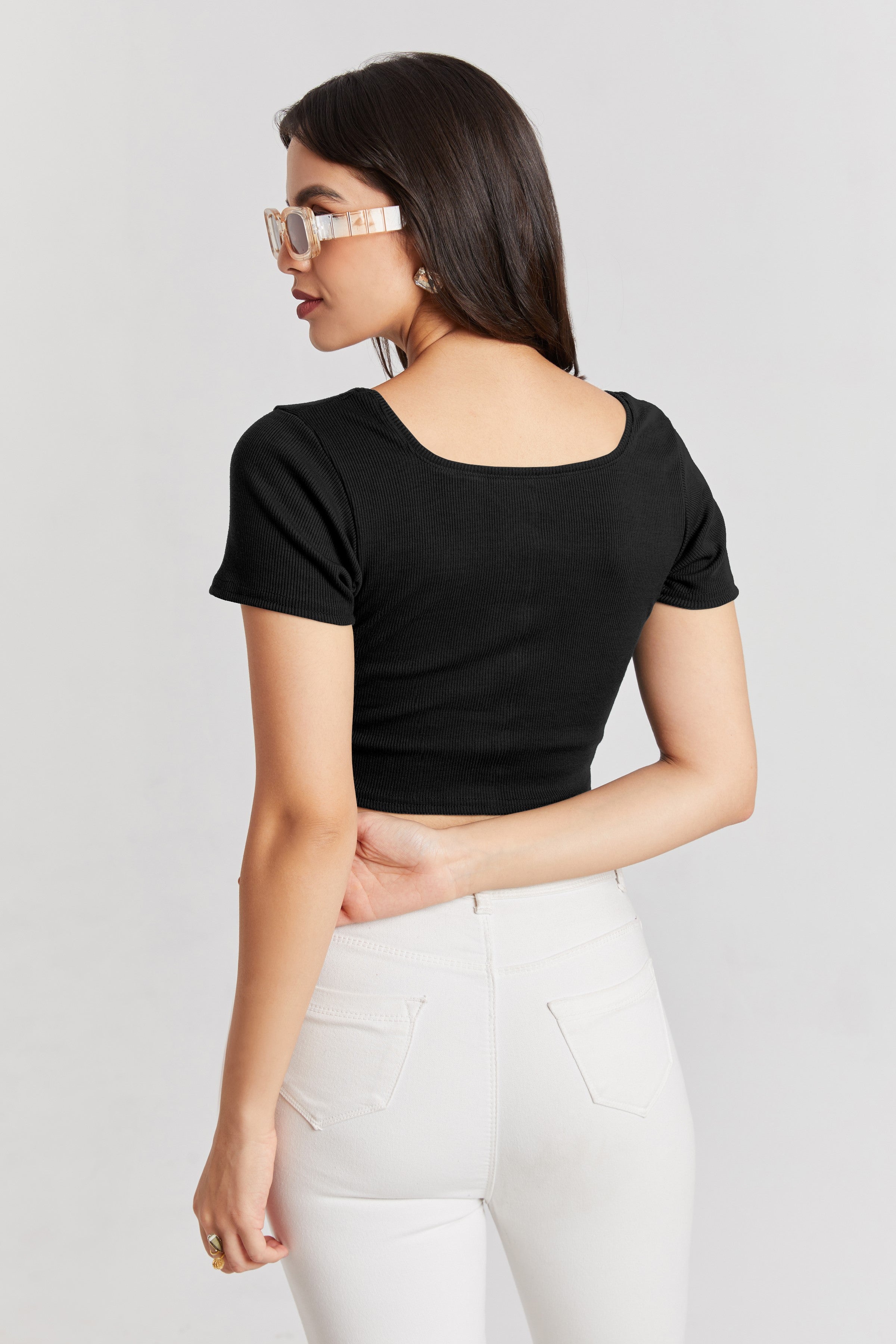 Black Ribbed Square Neck Crop Top