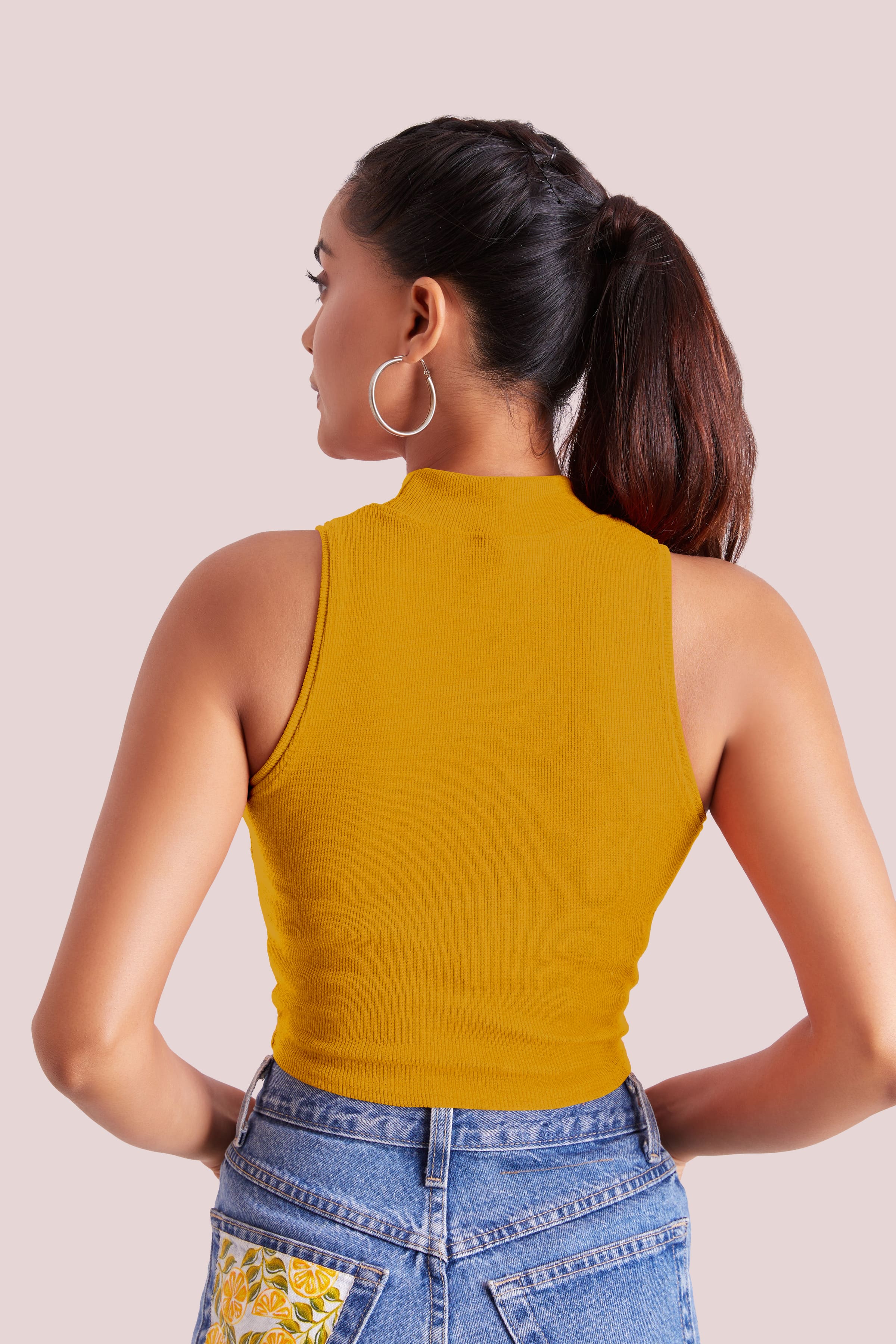 Mustard Yellow Ribbed High Neck Sleeveless Crop Top