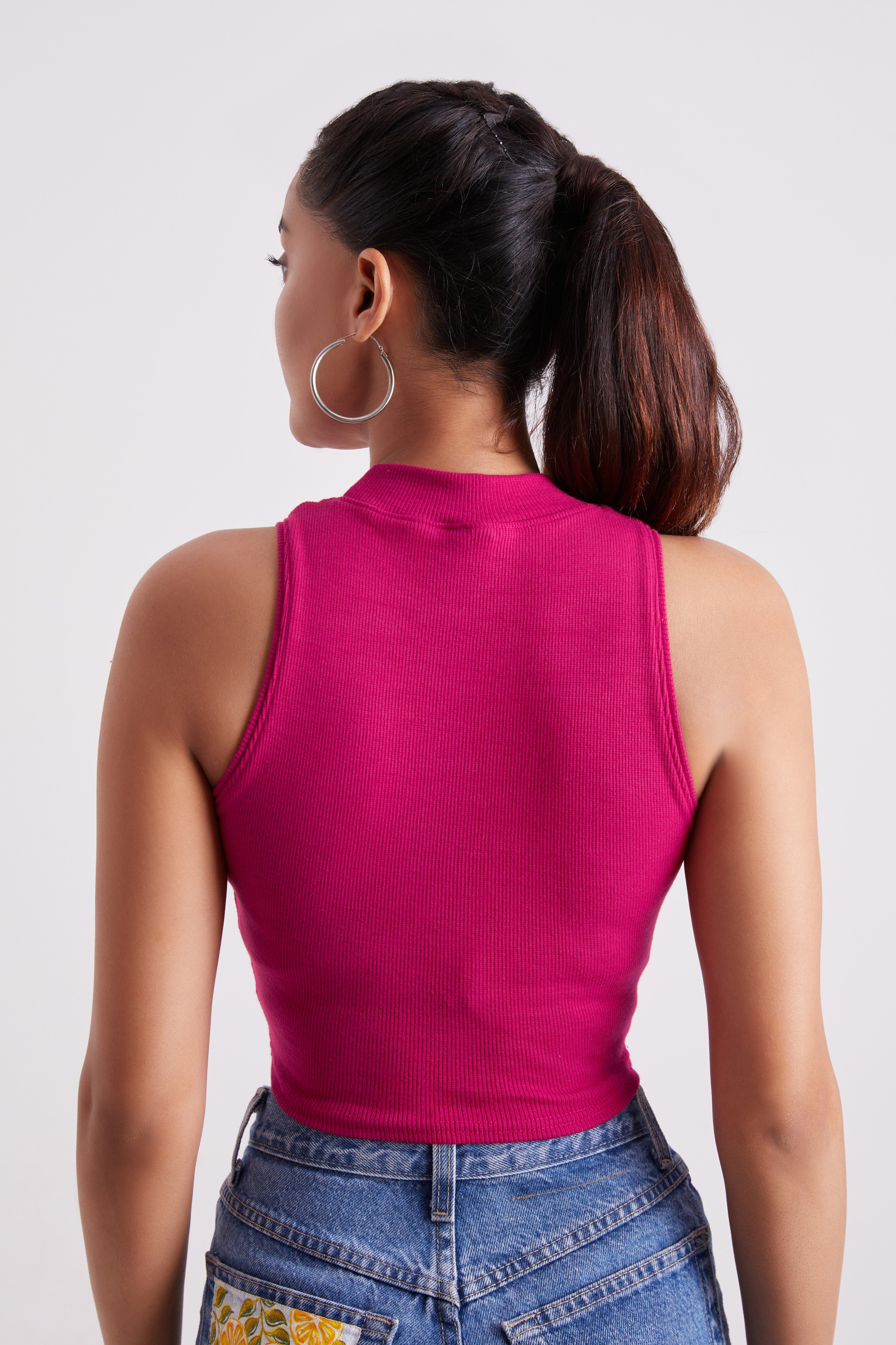 Pink Ribbed High Neck Sleeveless Crop Top