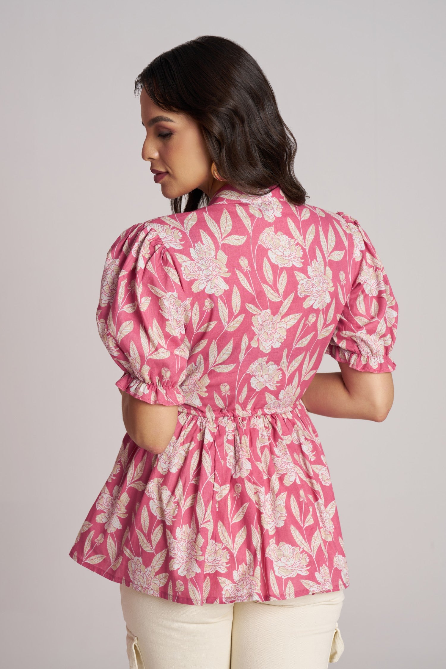 Olive Bloom Puff Sleeve Peplum Top