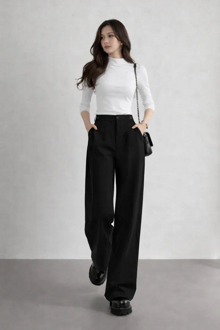 Beige High-Waist Wide Leg Trousers