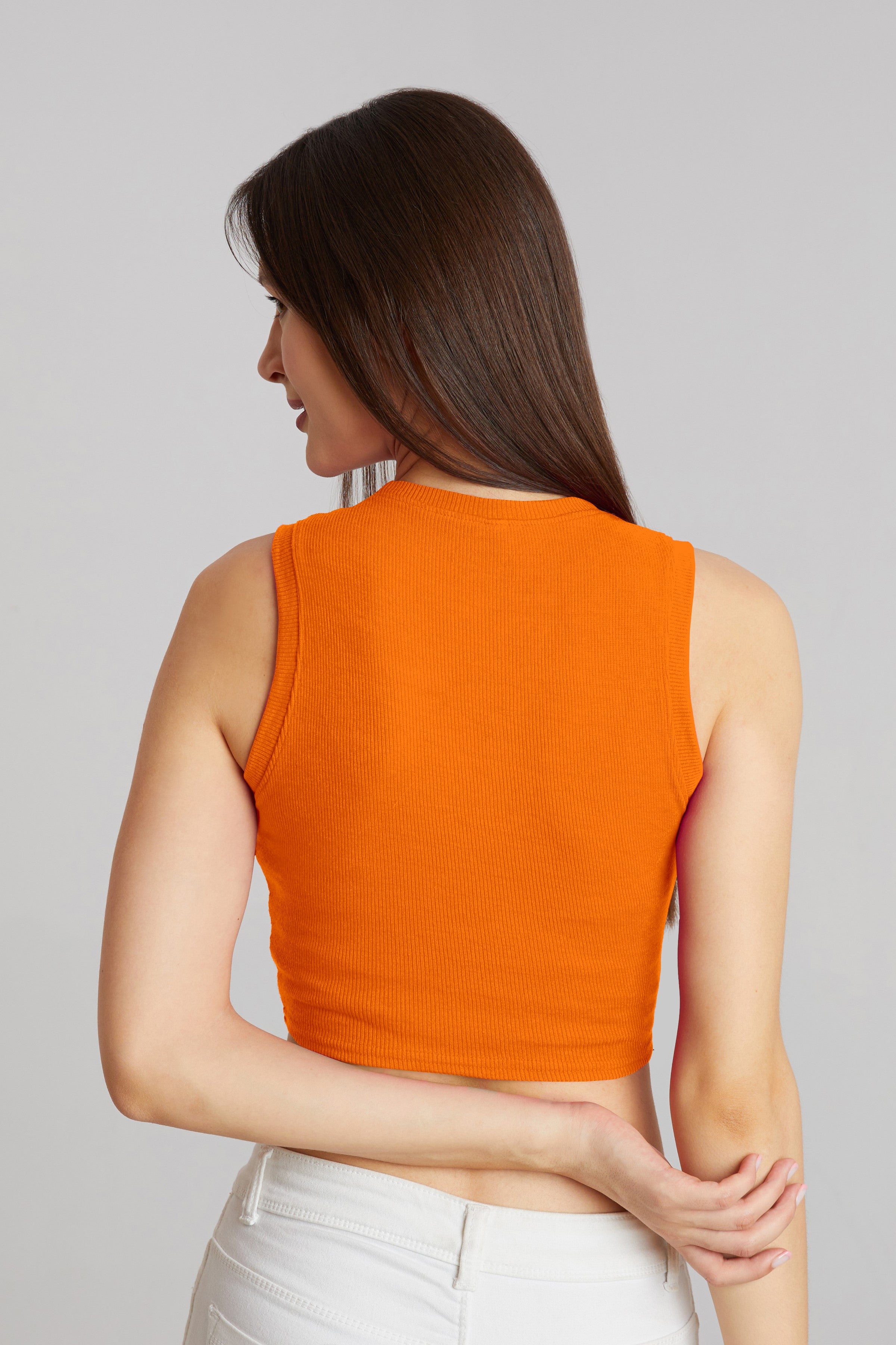 Bright Orange Ribbed Sleeveless Crop Top