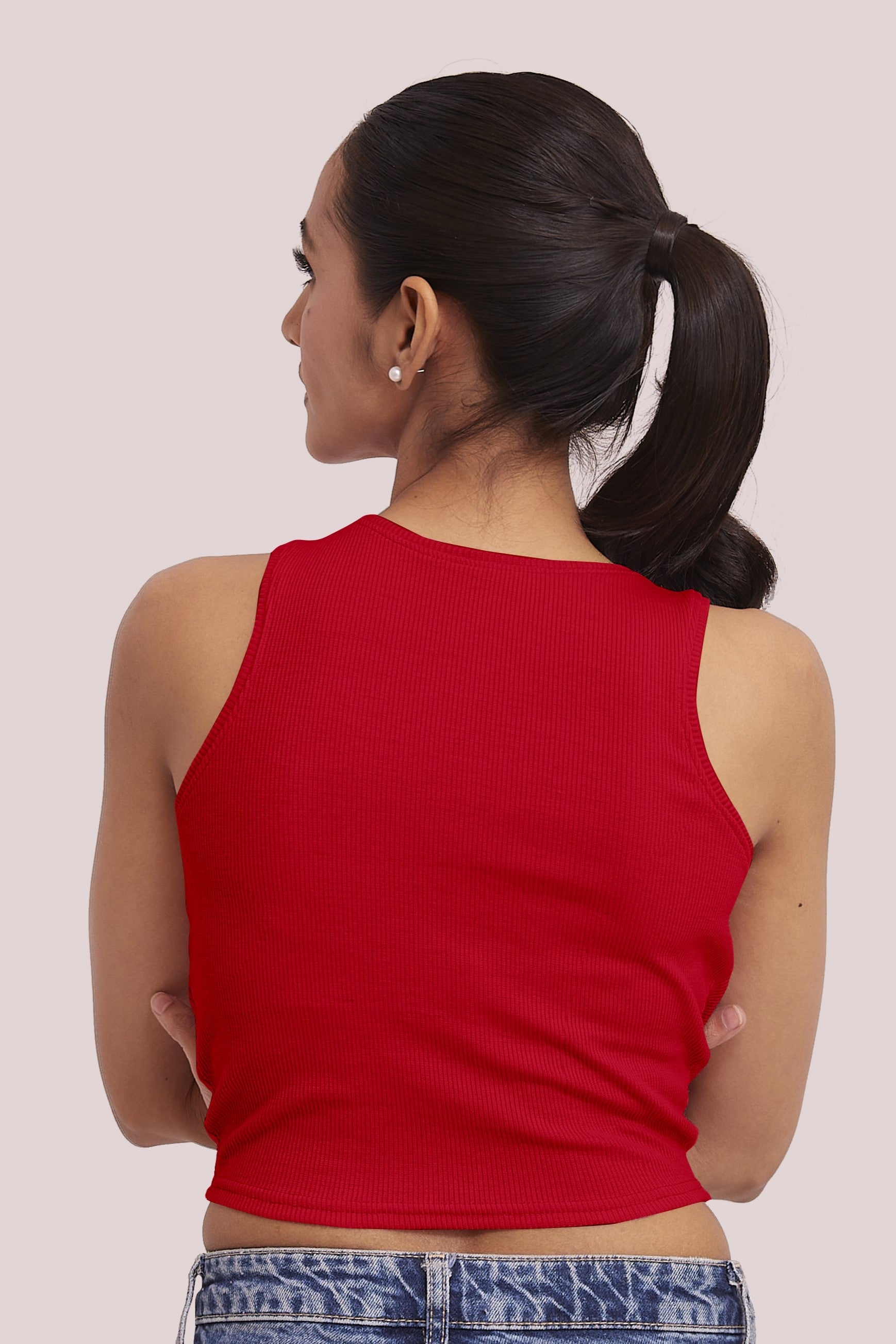 Bright Red Ribbed Scoop Neck Sleeveless Crop Top