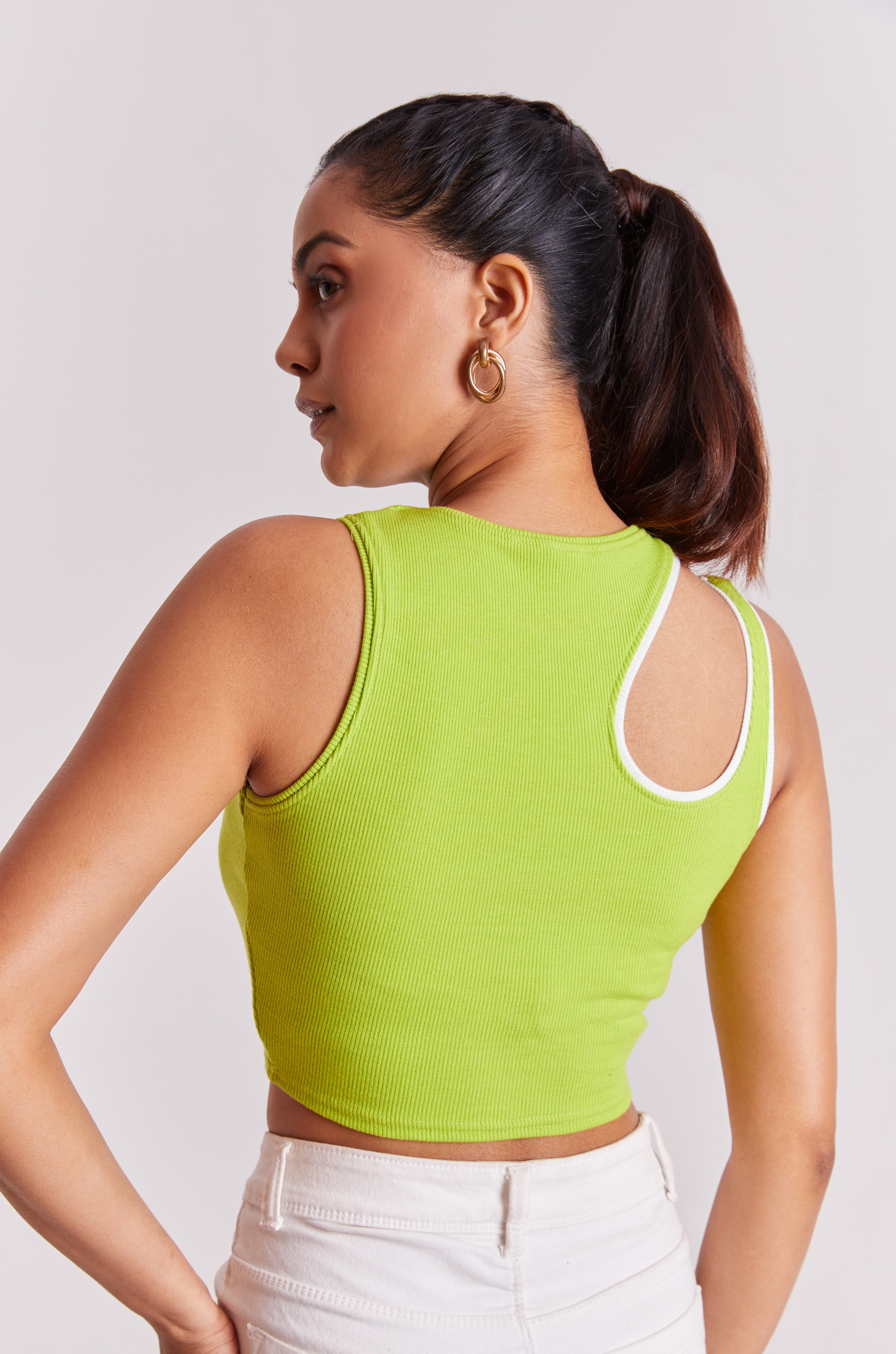 Orange & White-Ribbed Sleeveless Cut-Out Tank Top