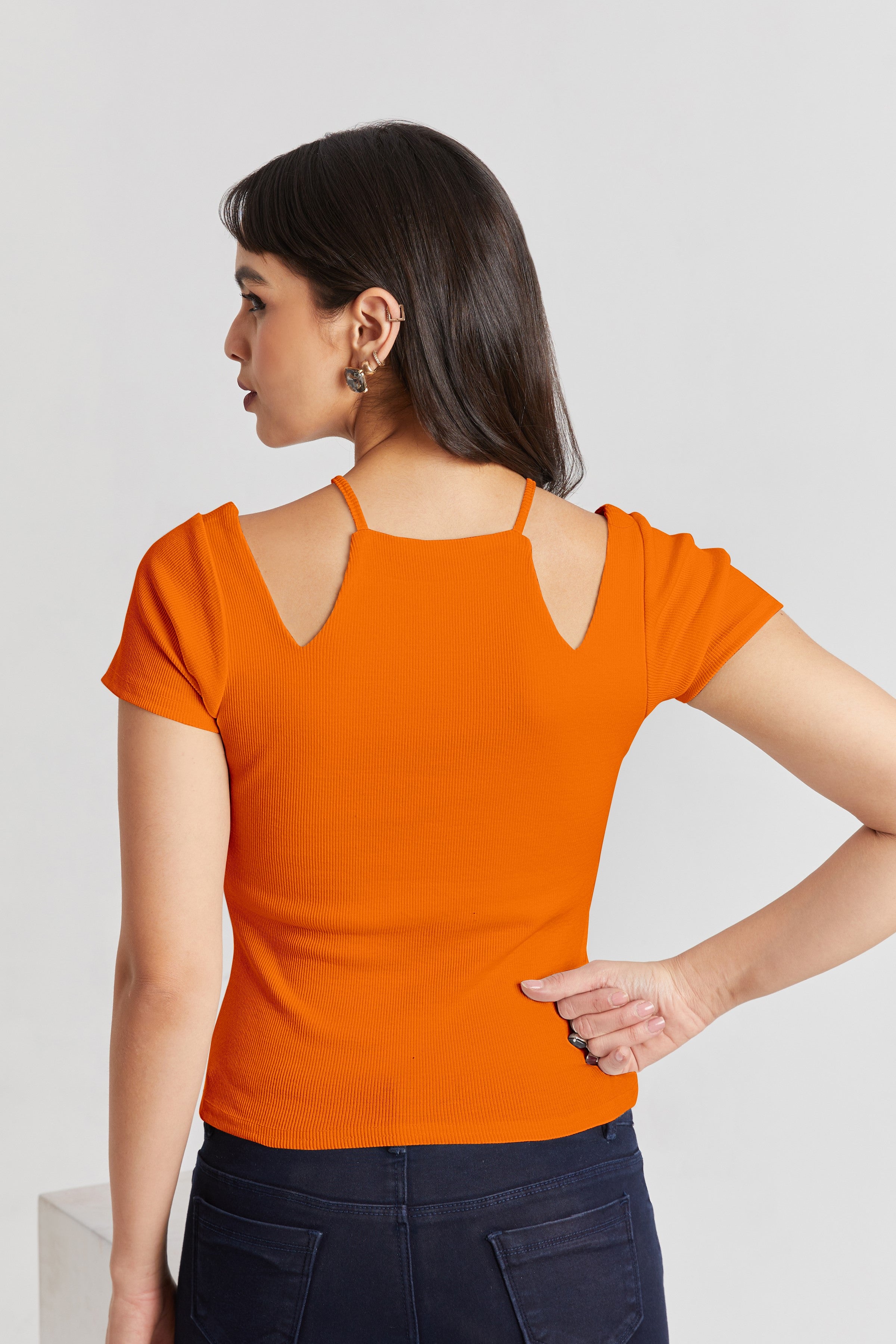 Midnight Black Ribbed Cutout Top