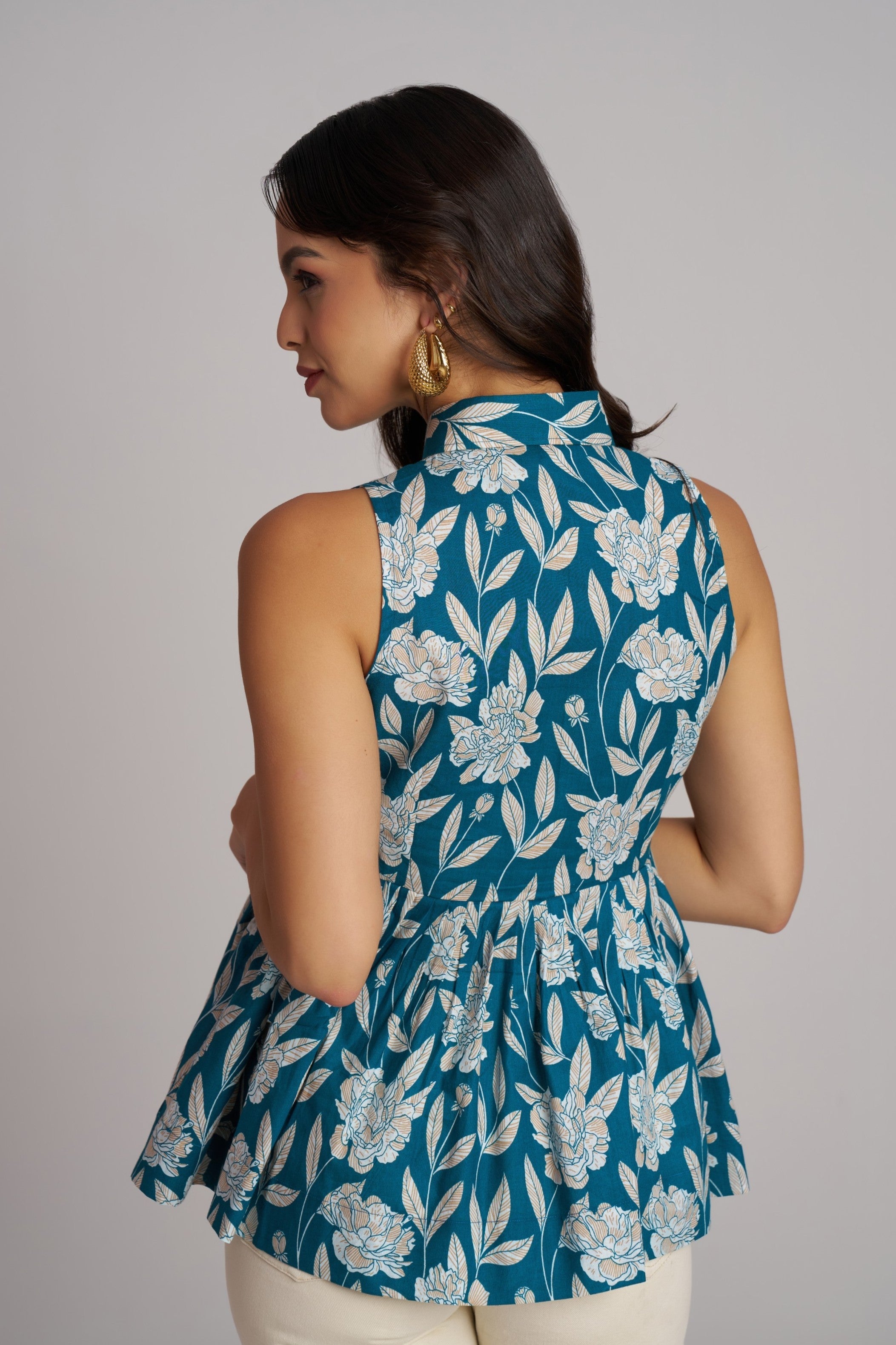 Teal Bloom Sleeveless Peplum Top