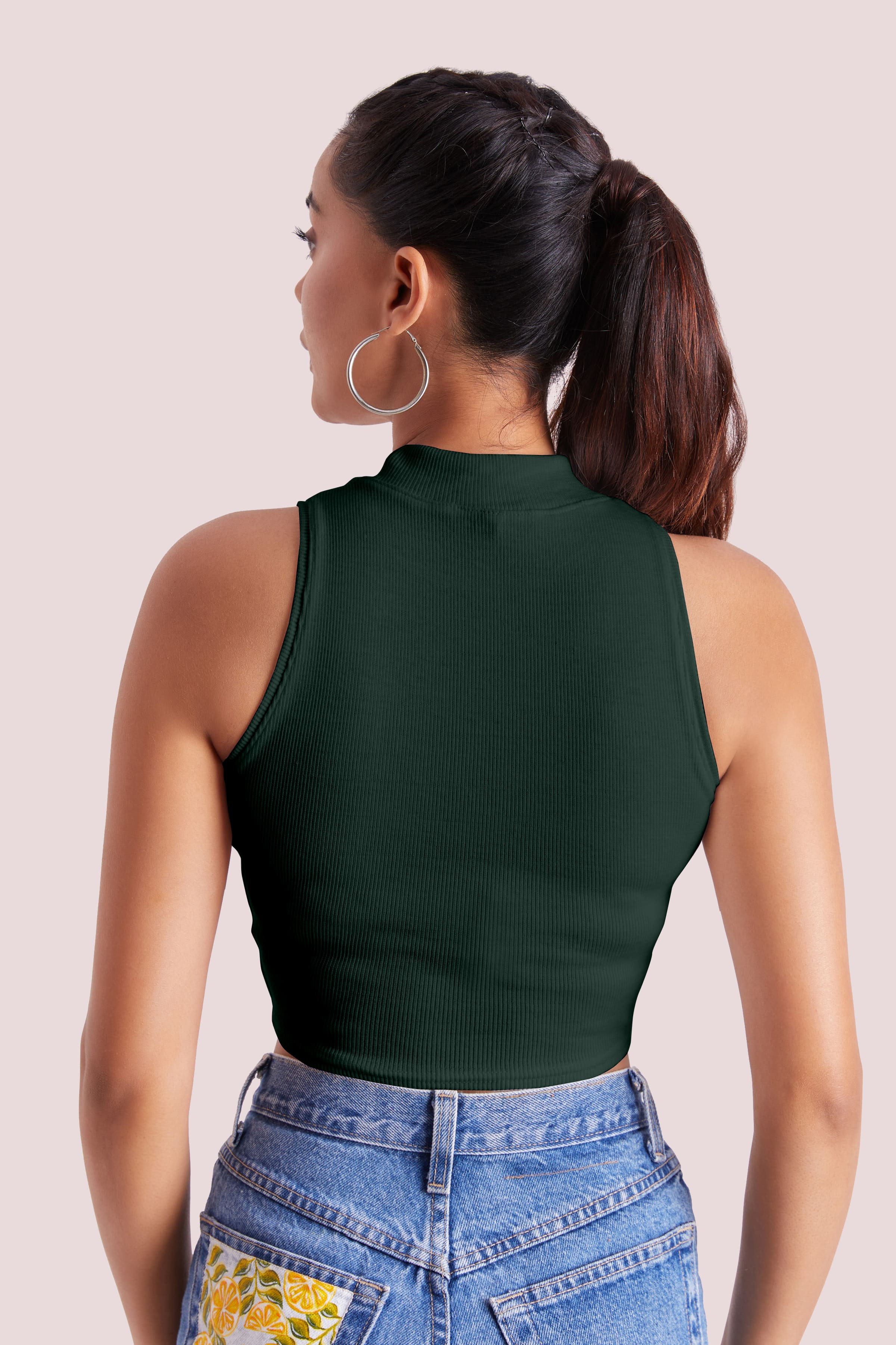 Forest Green Ribbed High Neck Sleeveless Crop Top