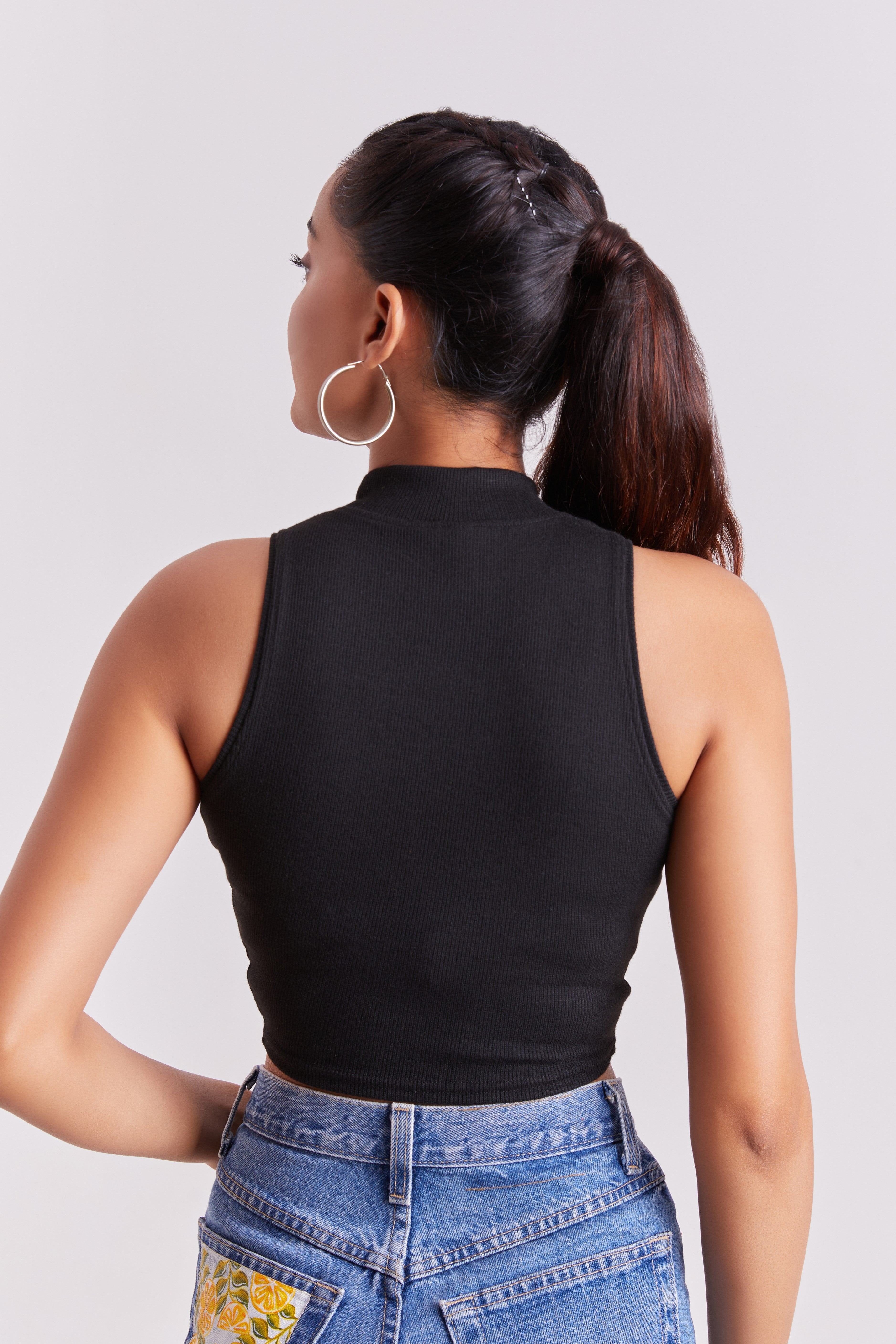 Black Ribbed High Neck Sleeveless Crop Top