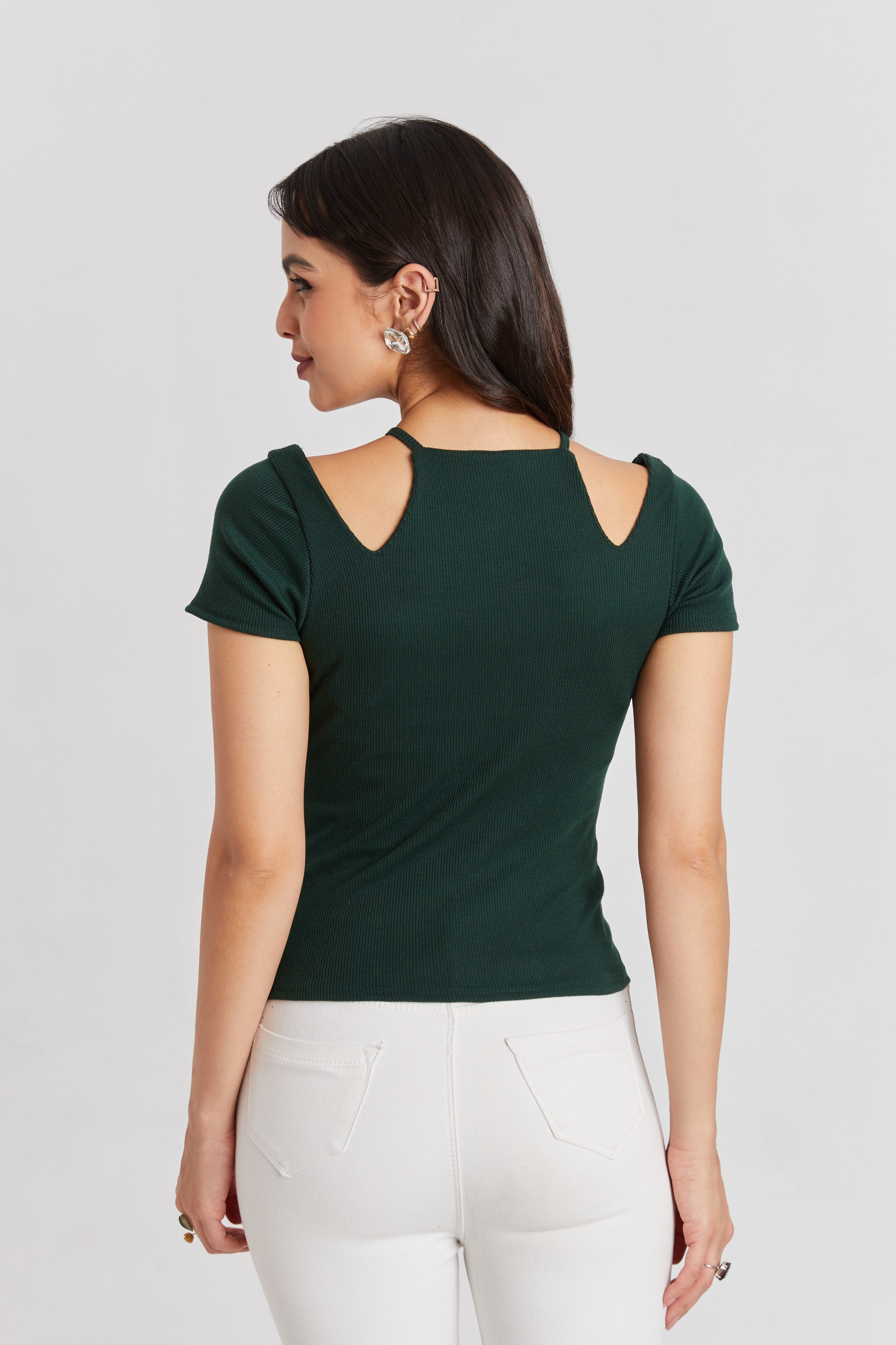 Midnight Forest Green Ribbed Cutout Top