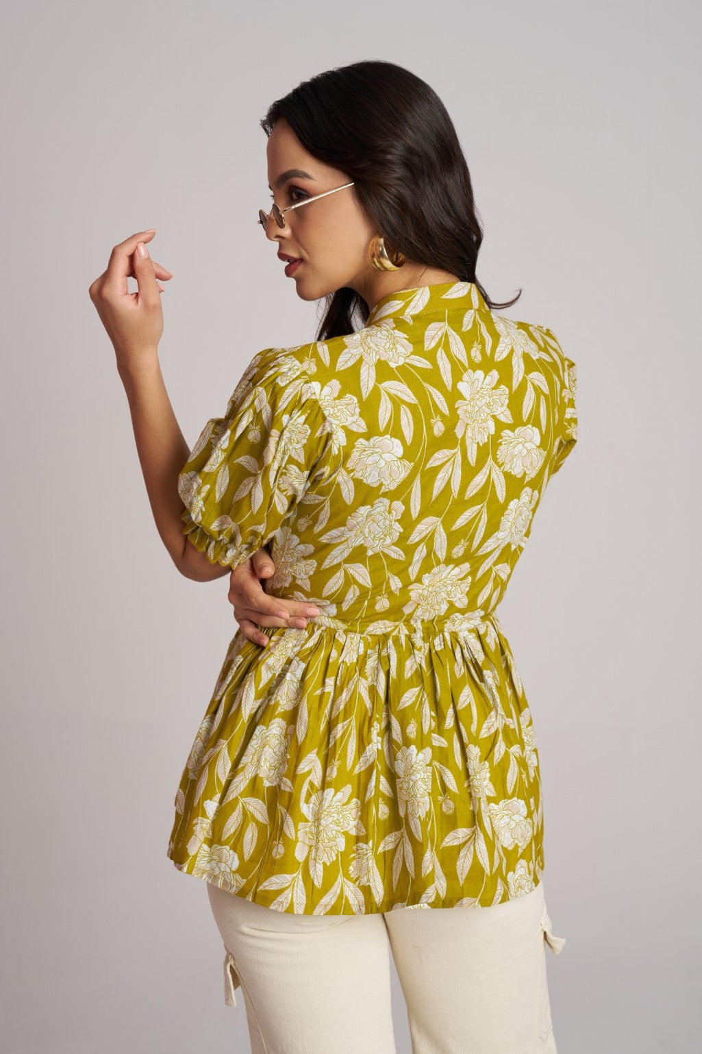Olive Bloom Puff Sleeve Peplum Top