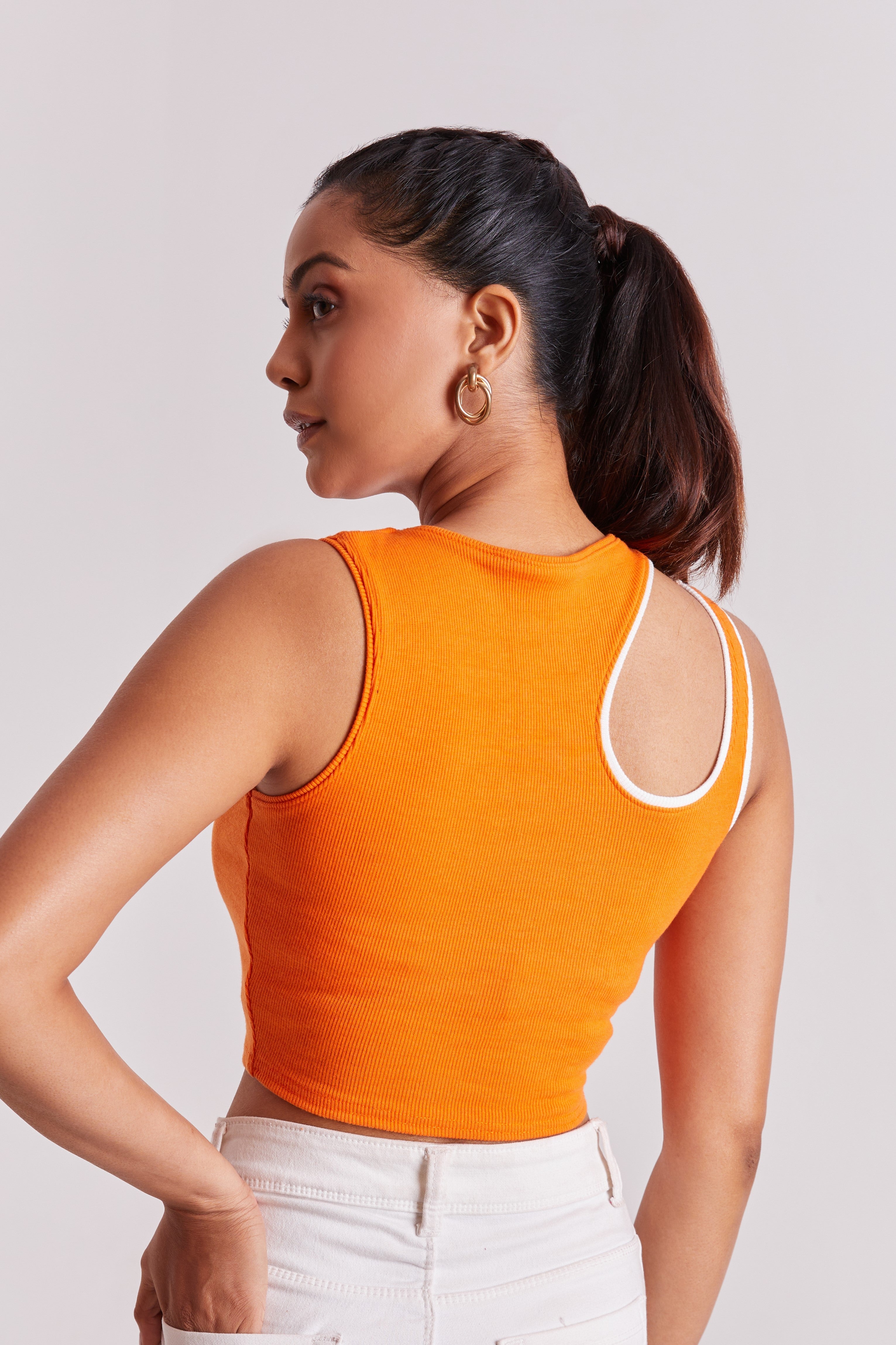 Black-Ribbed Sleeveless Cut-Out Tank Top