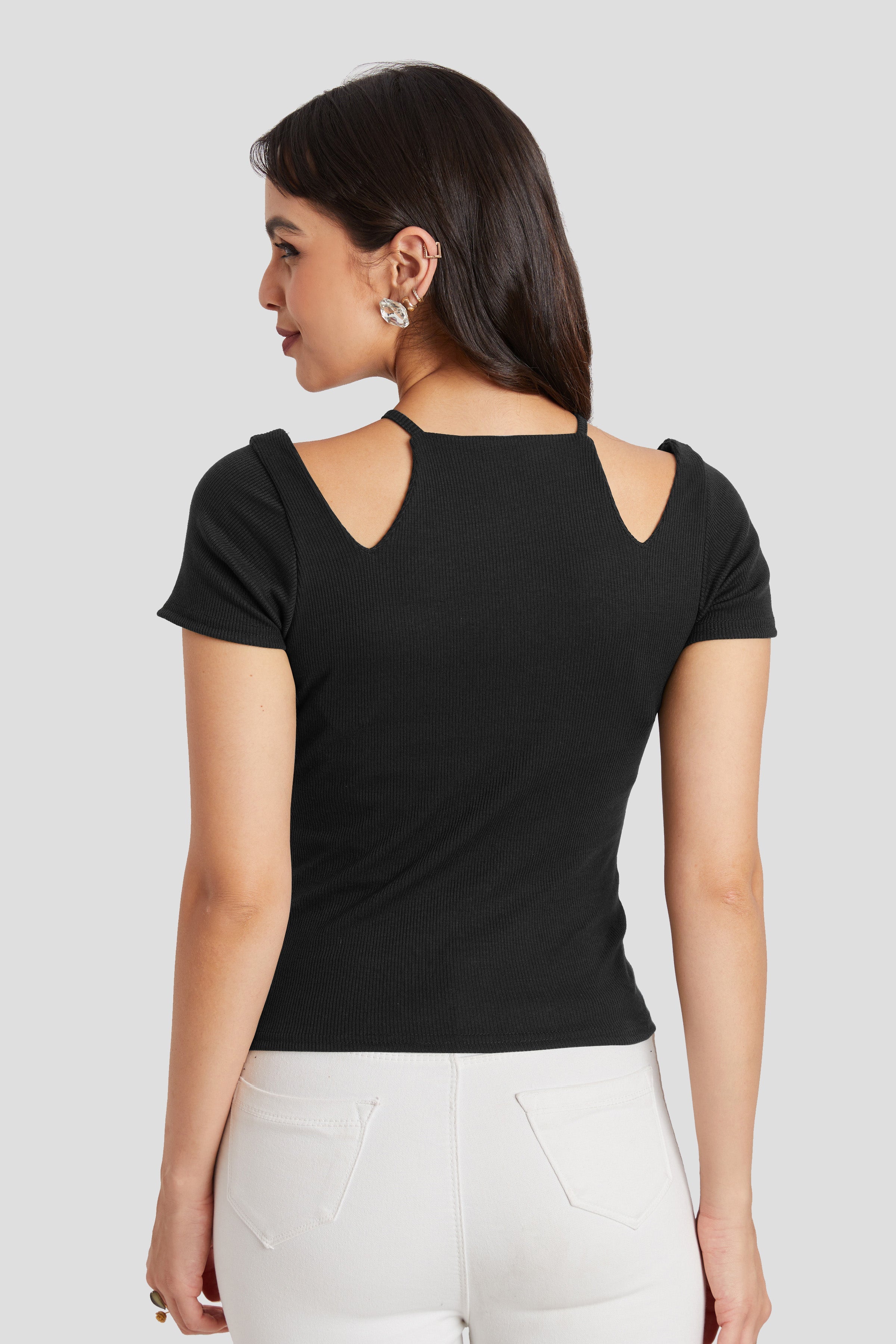 Midnight Black Ribbed Cutout Top