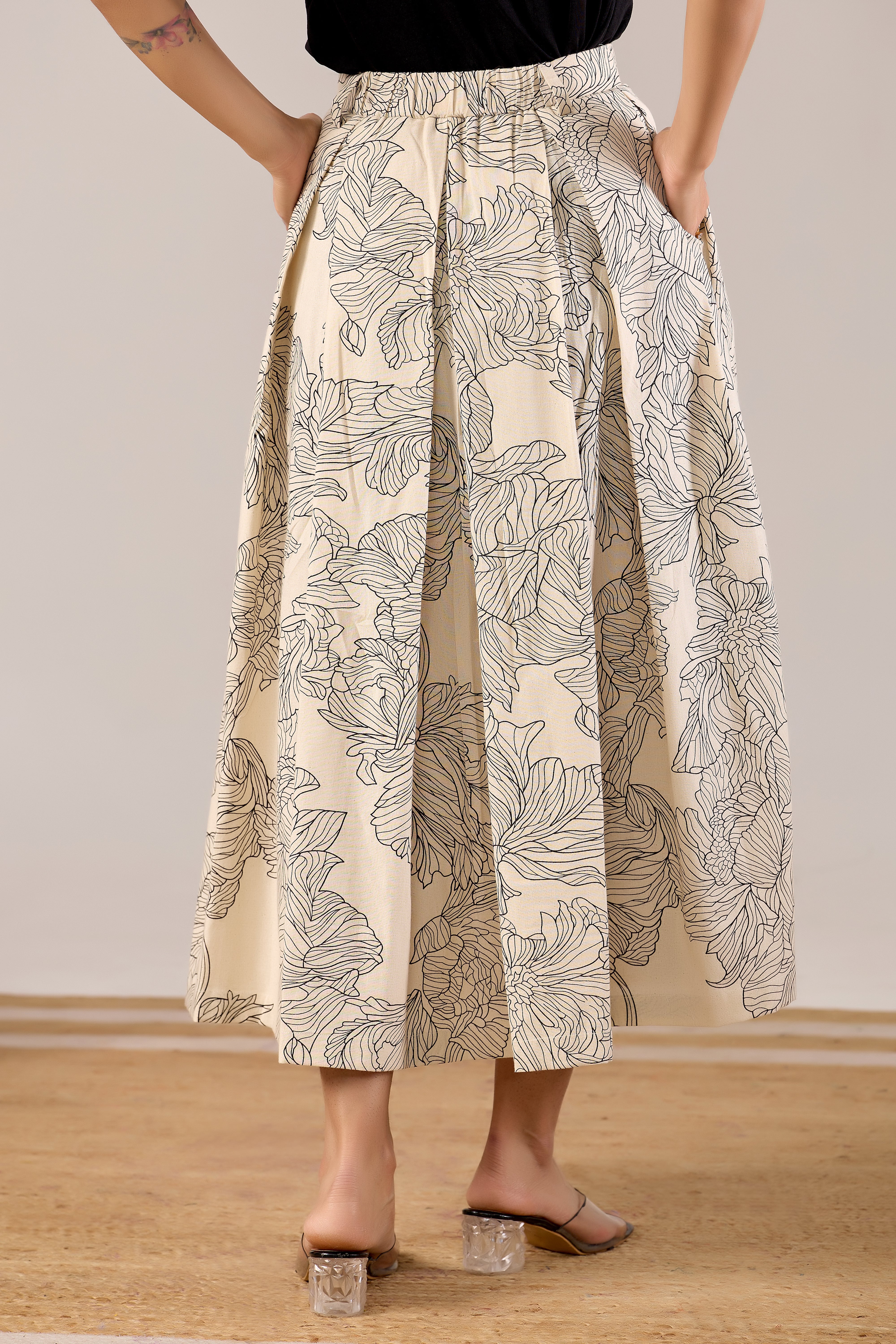 Ivory Line Art Floral Midi Skirt