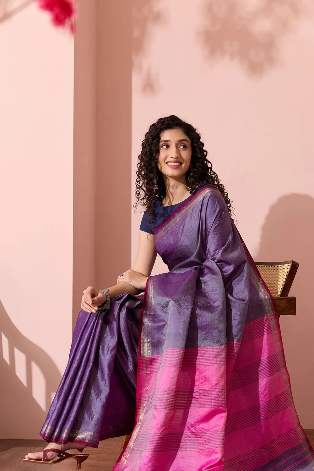 Royal Purple Silk Saree with Contrast Pink Zari Border