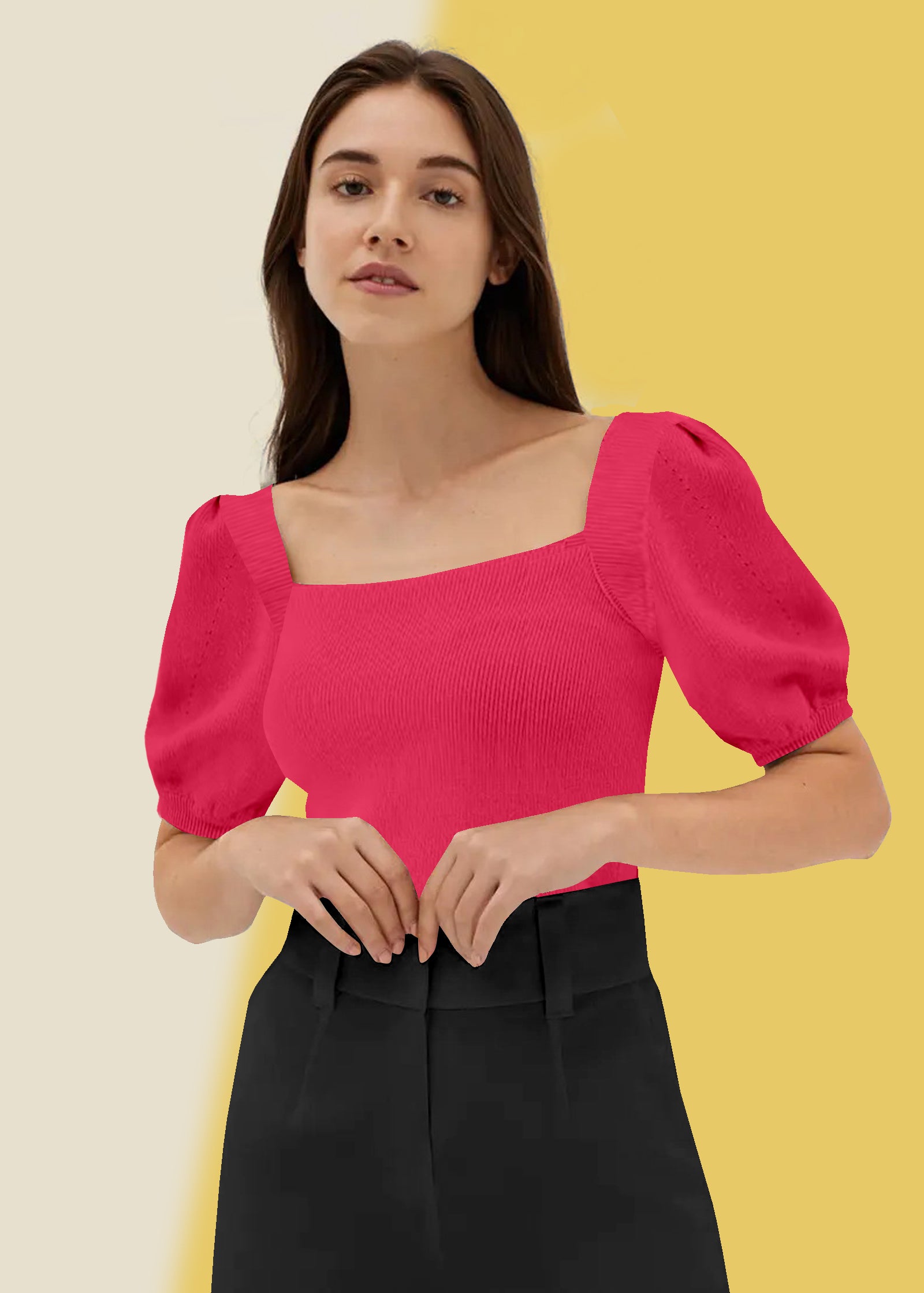 Bold Red Square Neck Ribbed Top