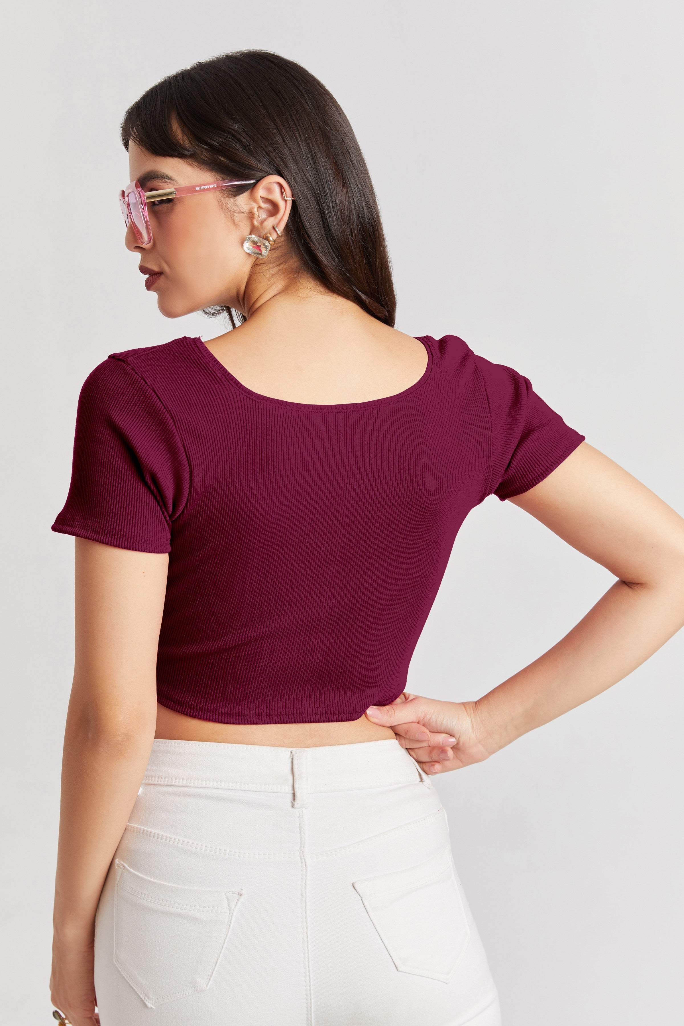 Wine Ribbed Square Neck Crop Top