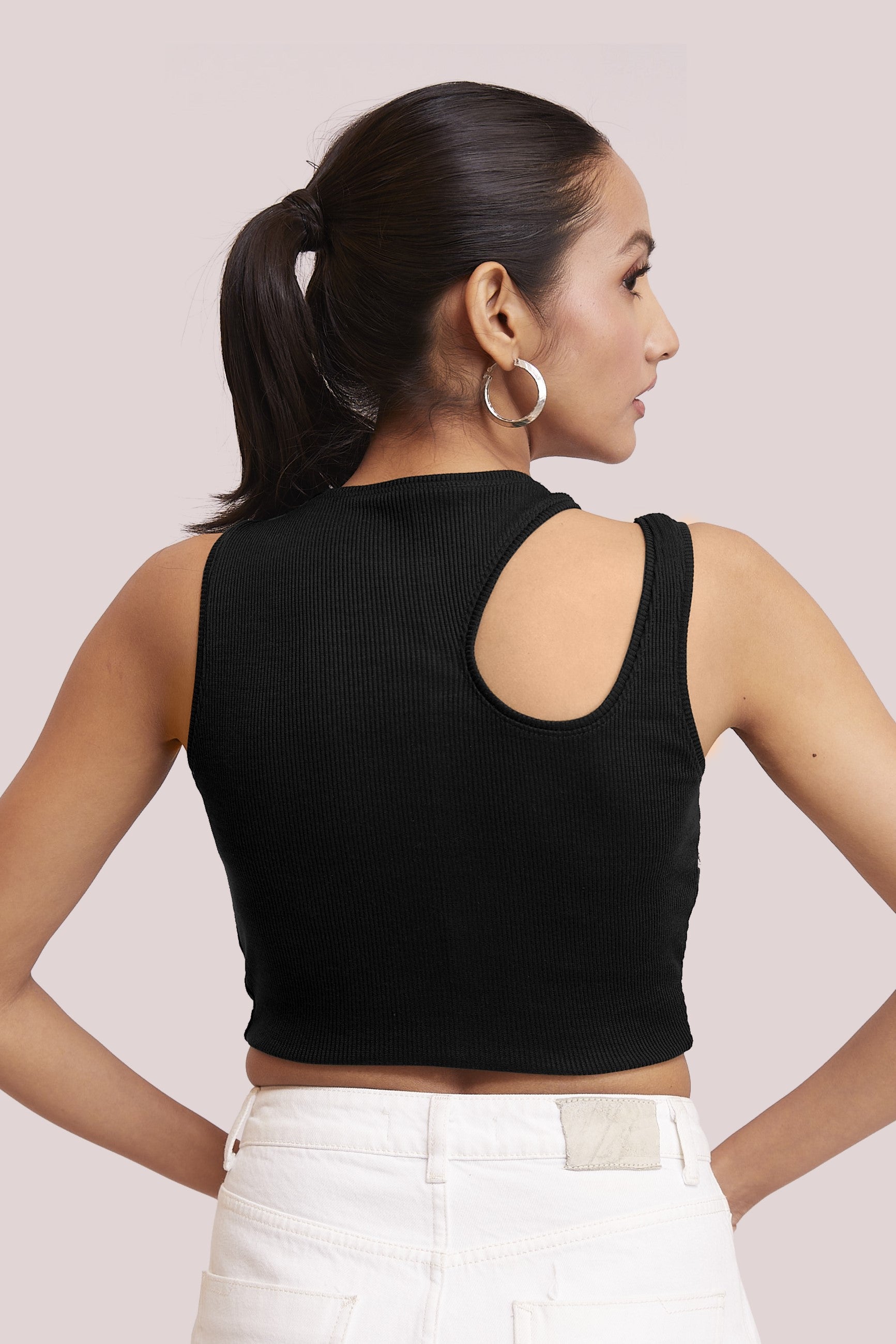 Orange & White-Ribbed Sleeveless Cut-Out Tank Top