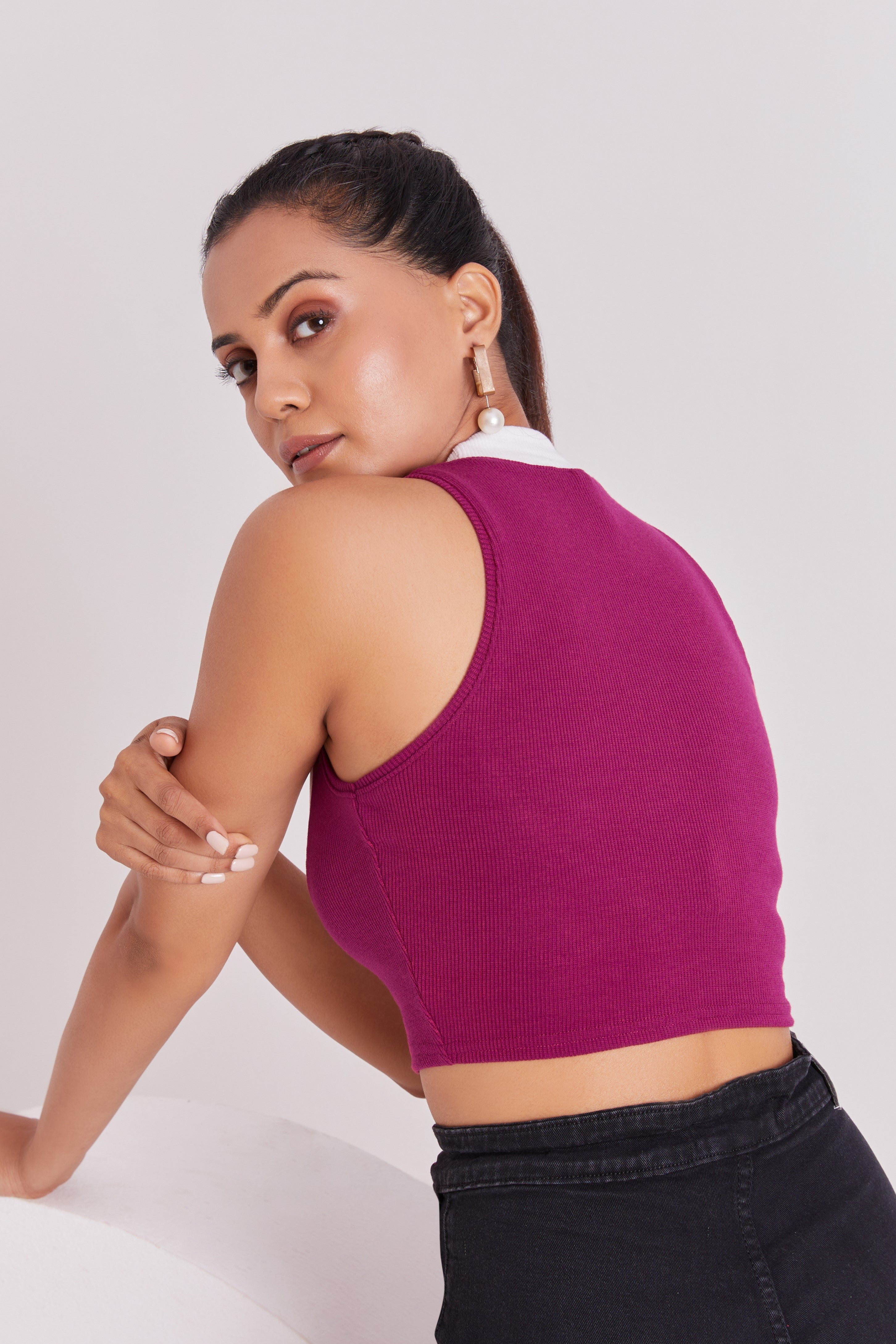 Wine & White Ribbed High Neck Sleeveless Crop Top