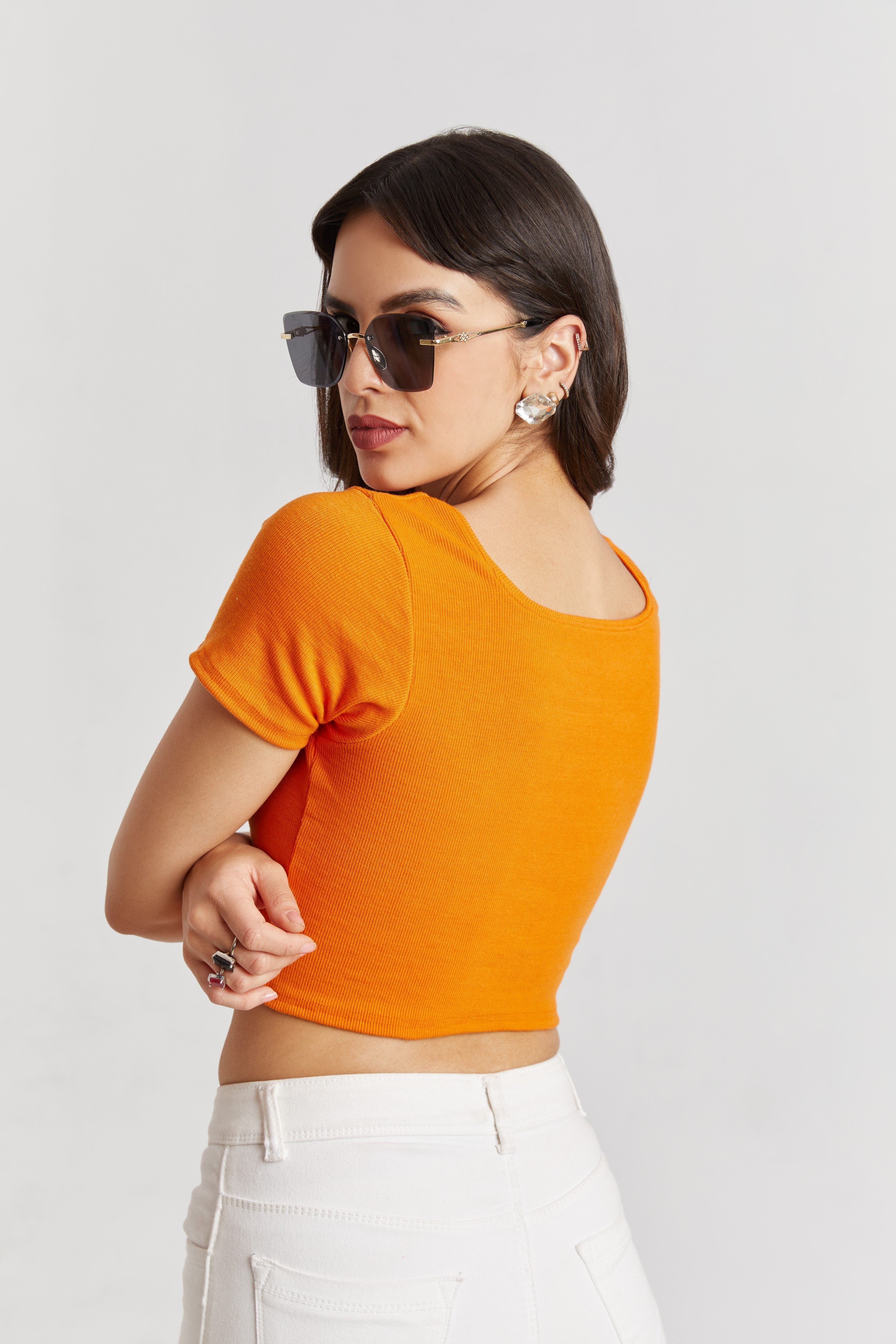 Orange Ribbed Square Neck Crop Top