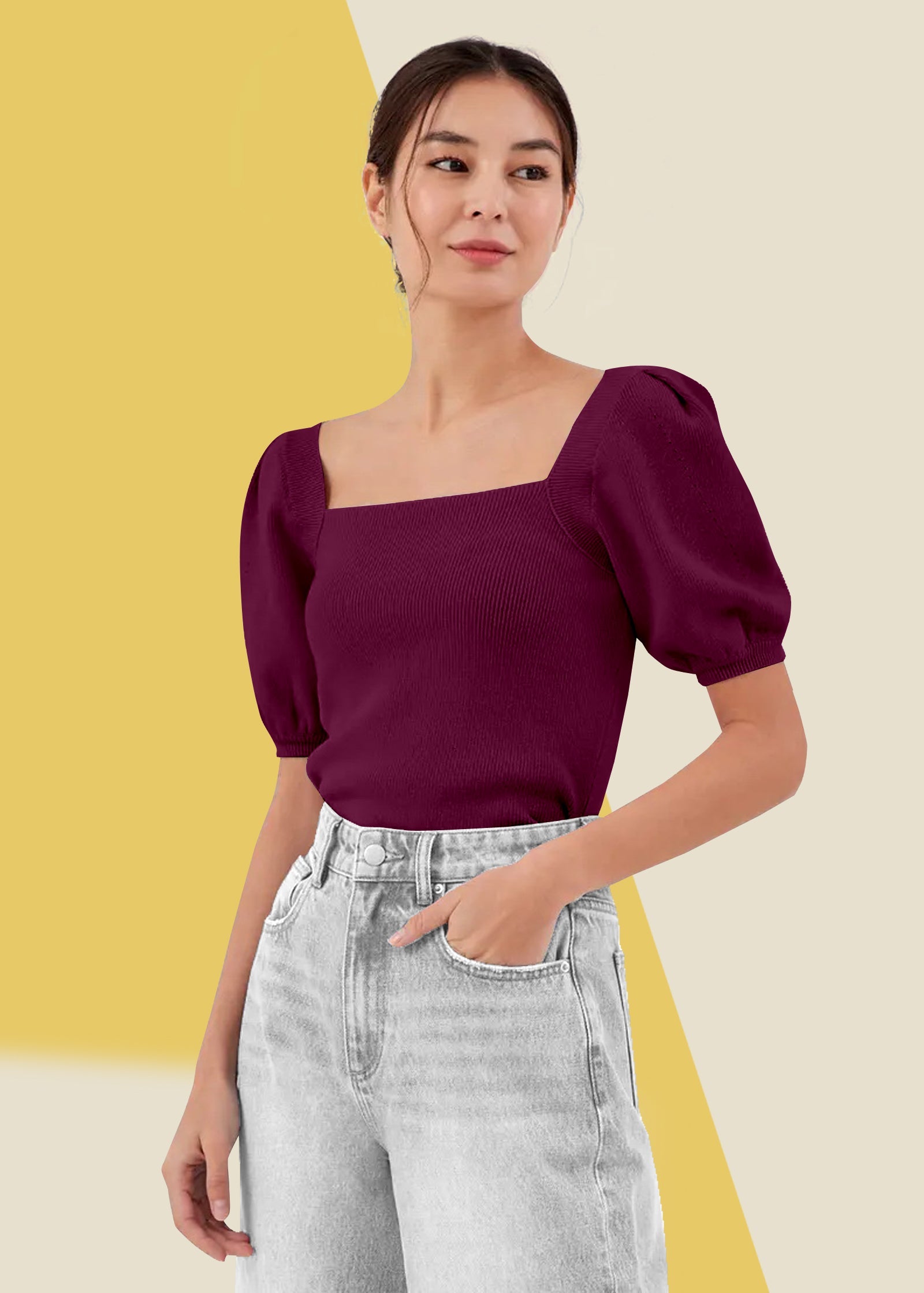 Rich Wine Square Neck Knit Top