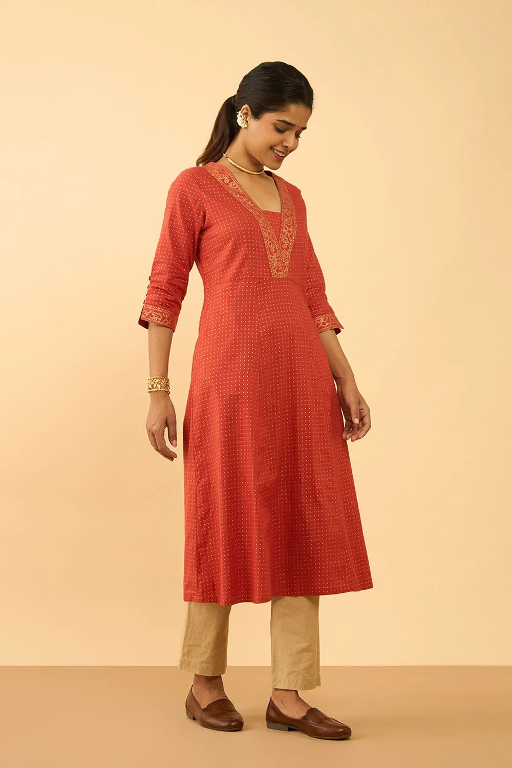 Coral Red Embroidered V-Neck Kurta