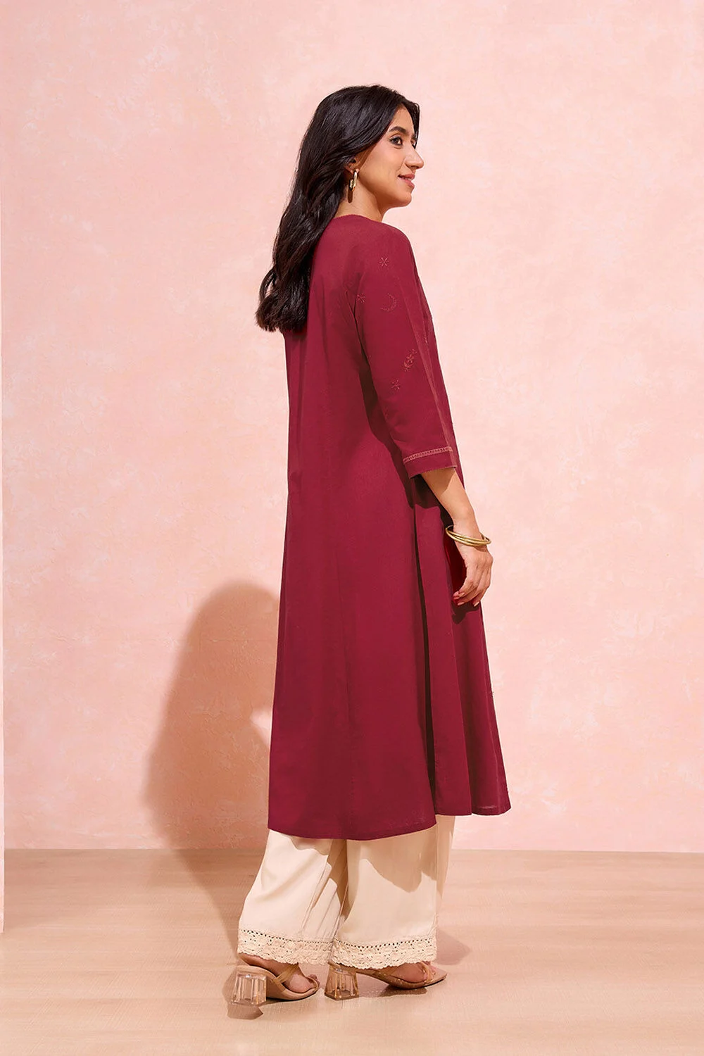 Maroon A-Line Kurta with Cream Pants