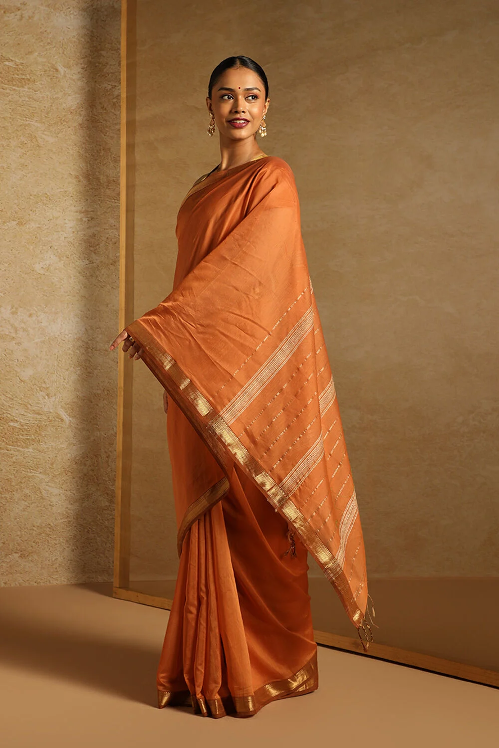Lime Green & Orange Soft Cotton Saree