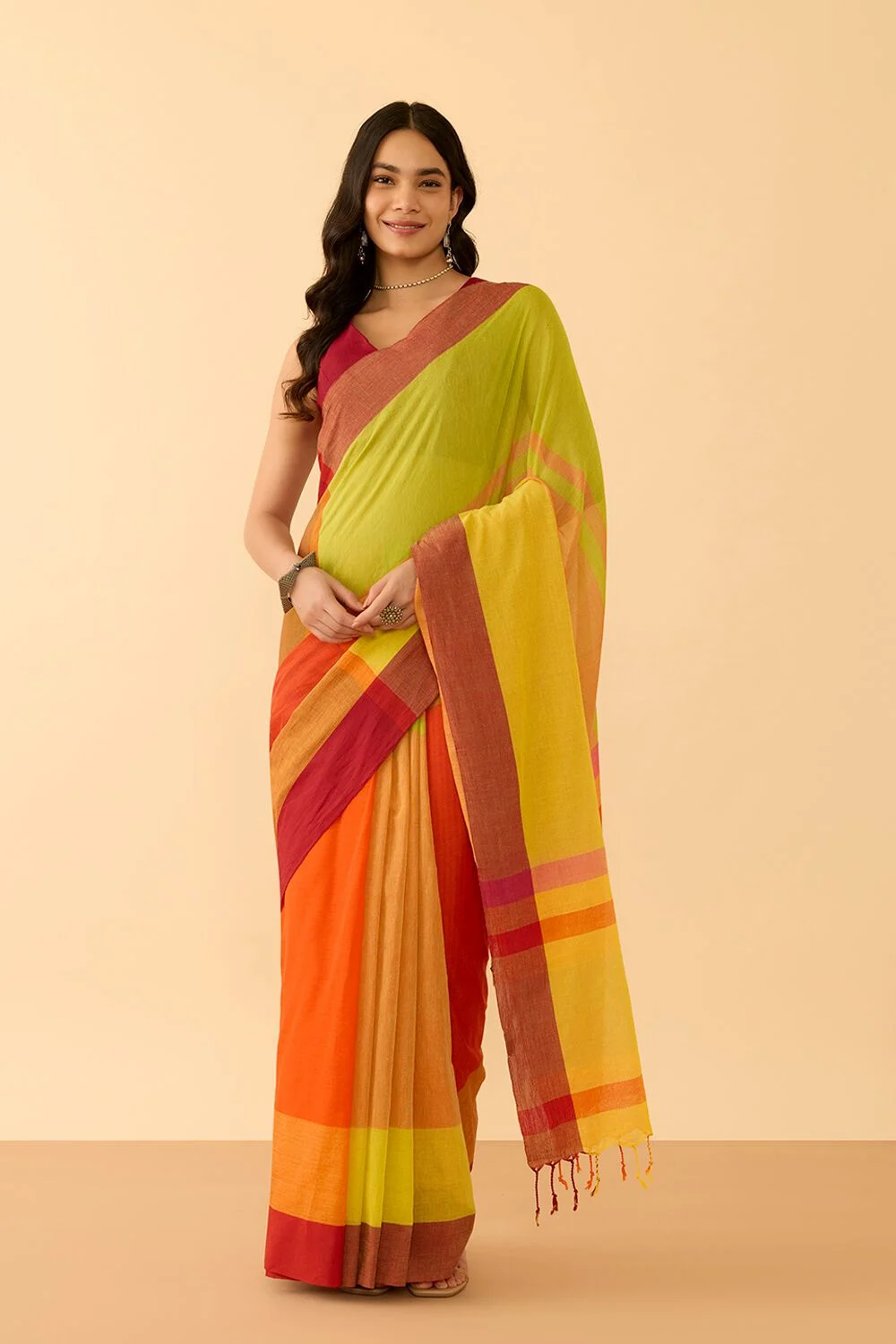 Pastel Pink Linen Saree with Subtle Stripes
