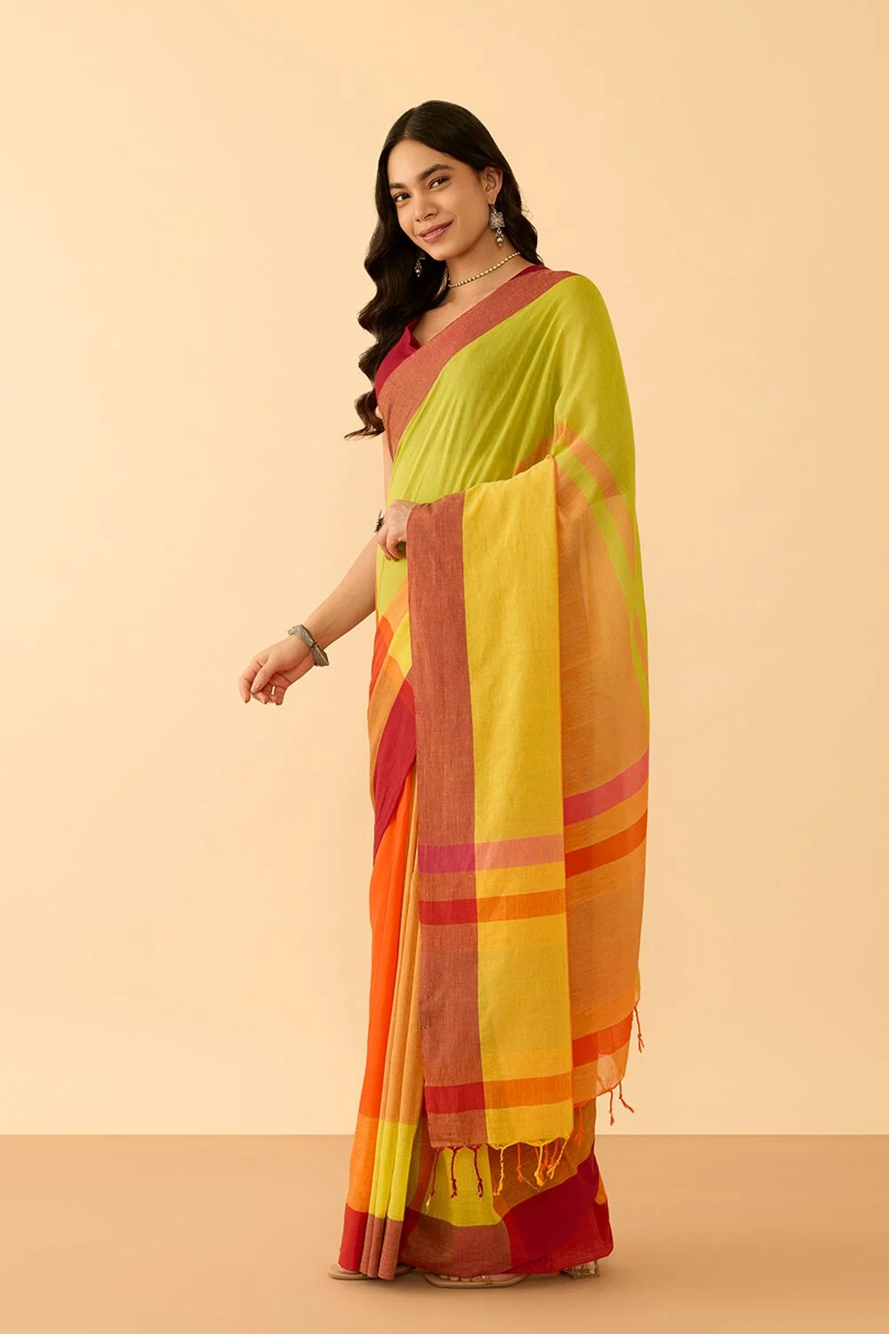 Pastel Pink Linen Saree with Subtle Stripes