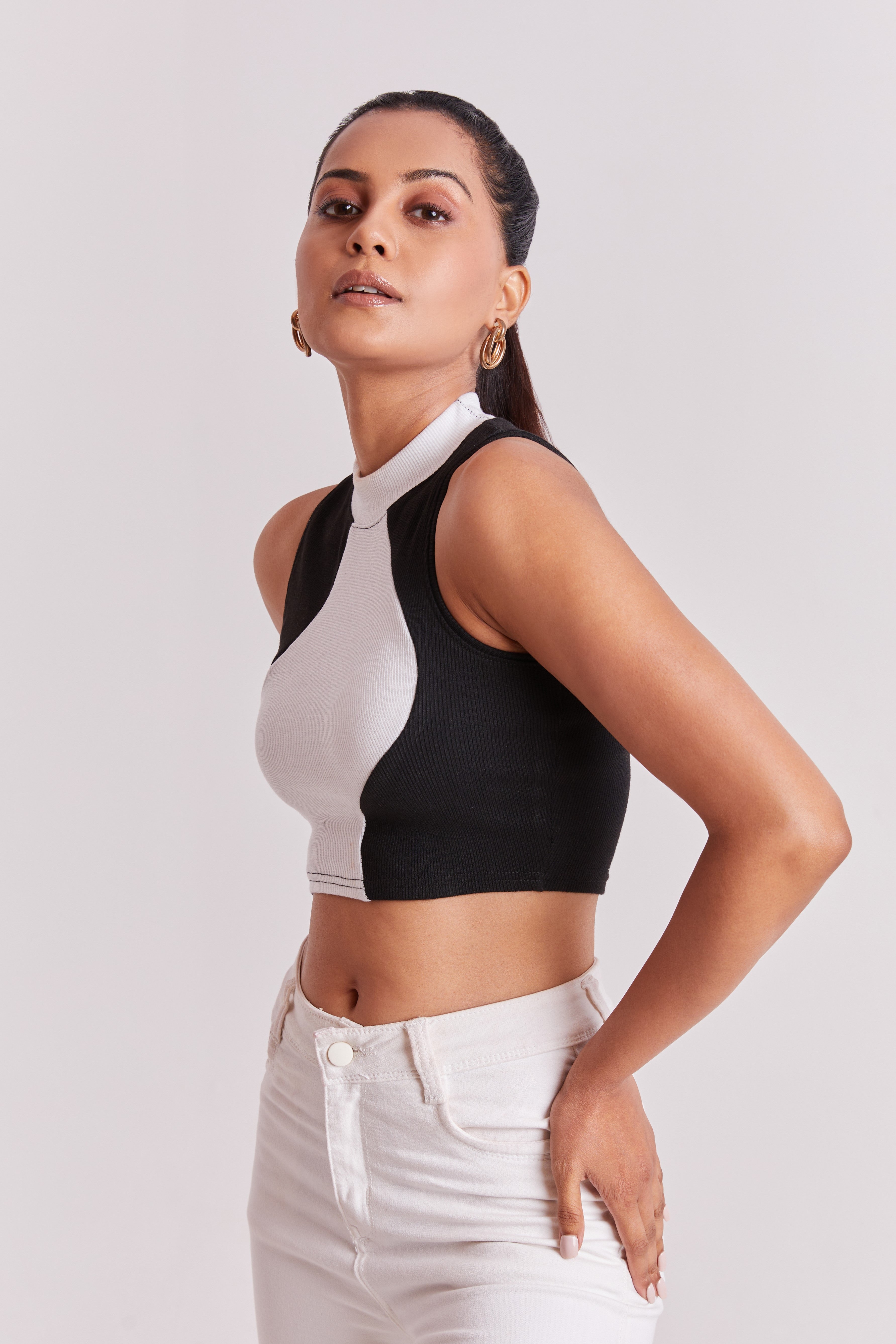 Black & White Ribbed High Neck Sleeveless Crop Top