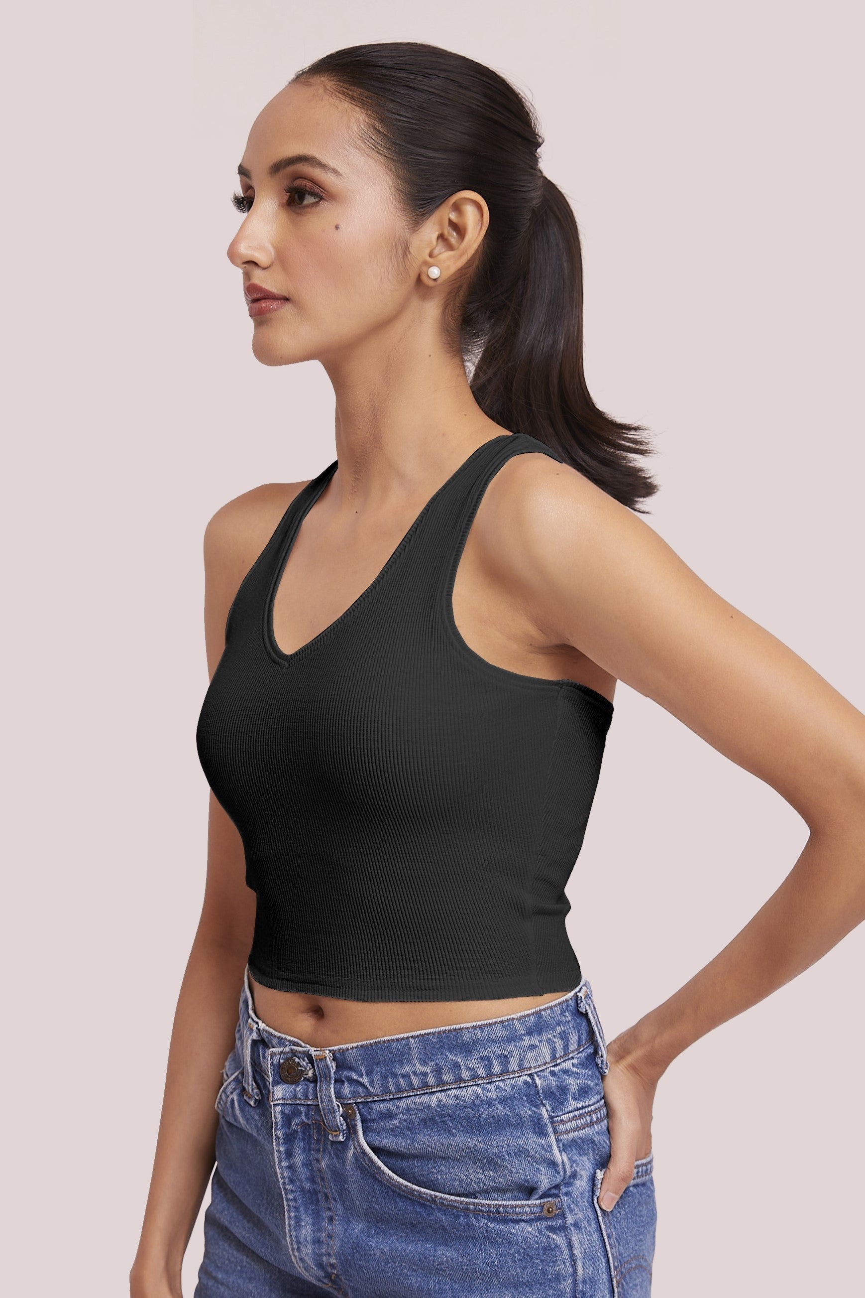 Black Ribbed V-Neck Sleeveless Crop Top
