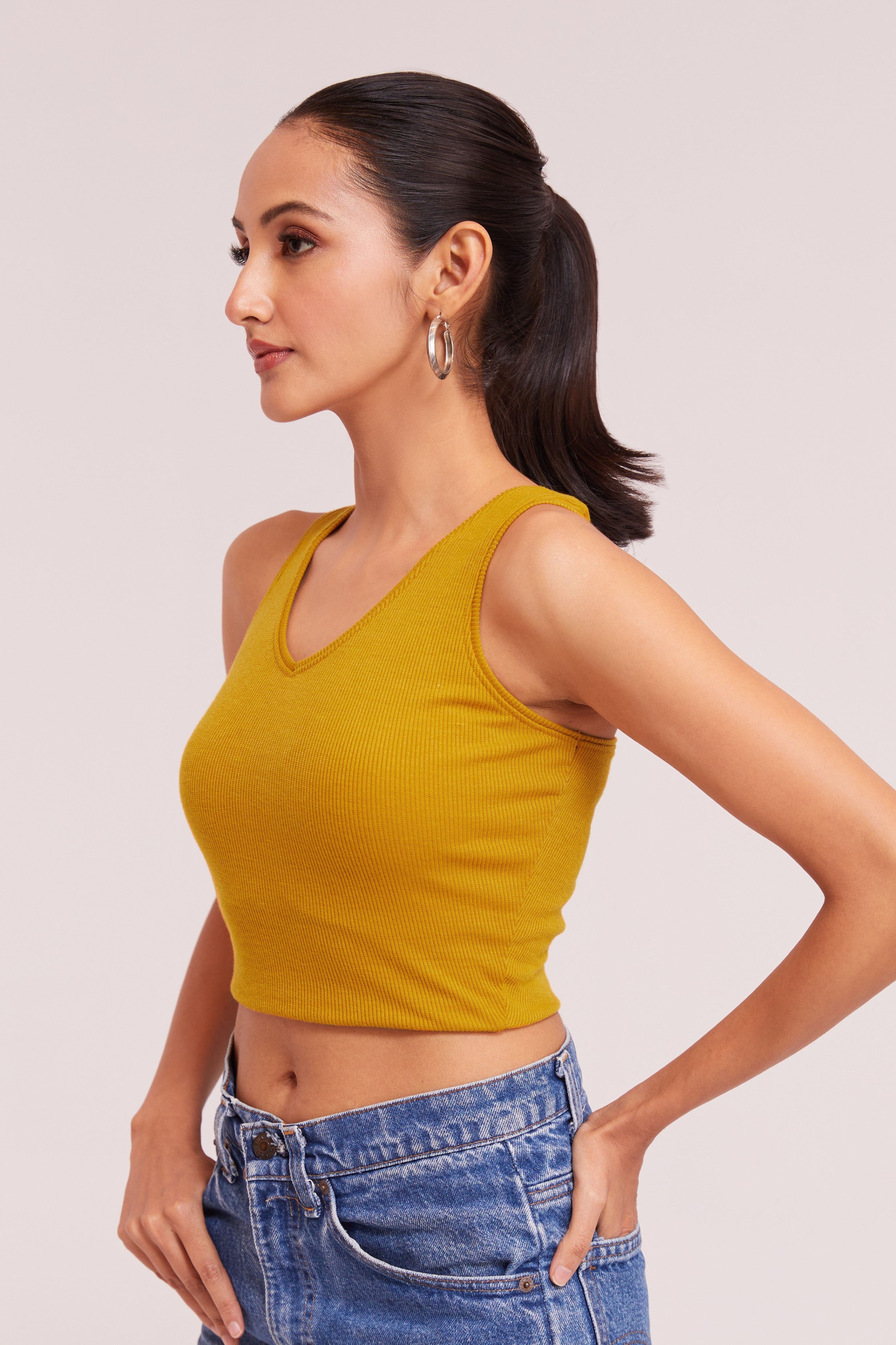 Mustard Yellow Ribbed Scoop Neck Sleeveless Crop Top