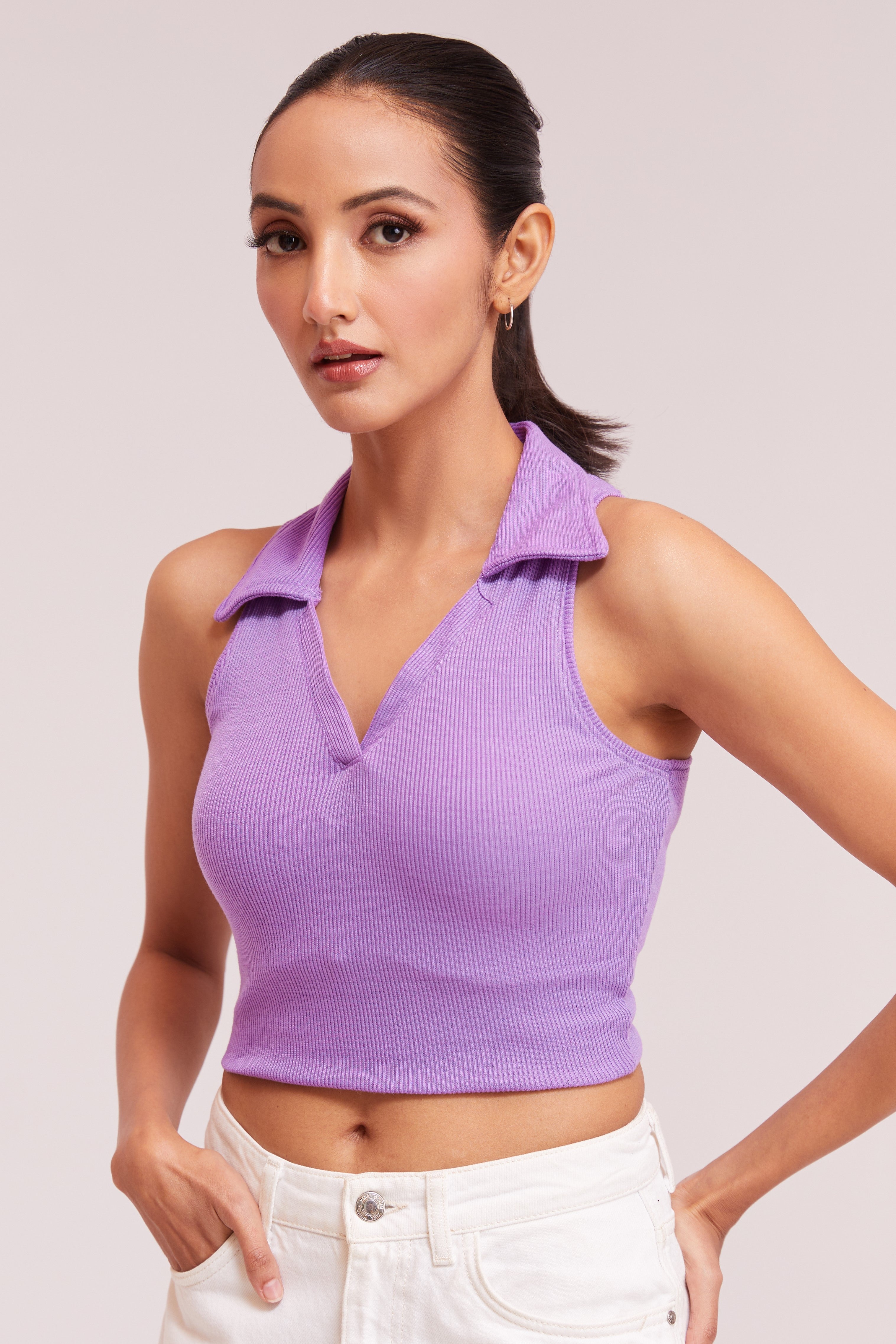 Black-Ribbed Collared Sleeveless Crop Top