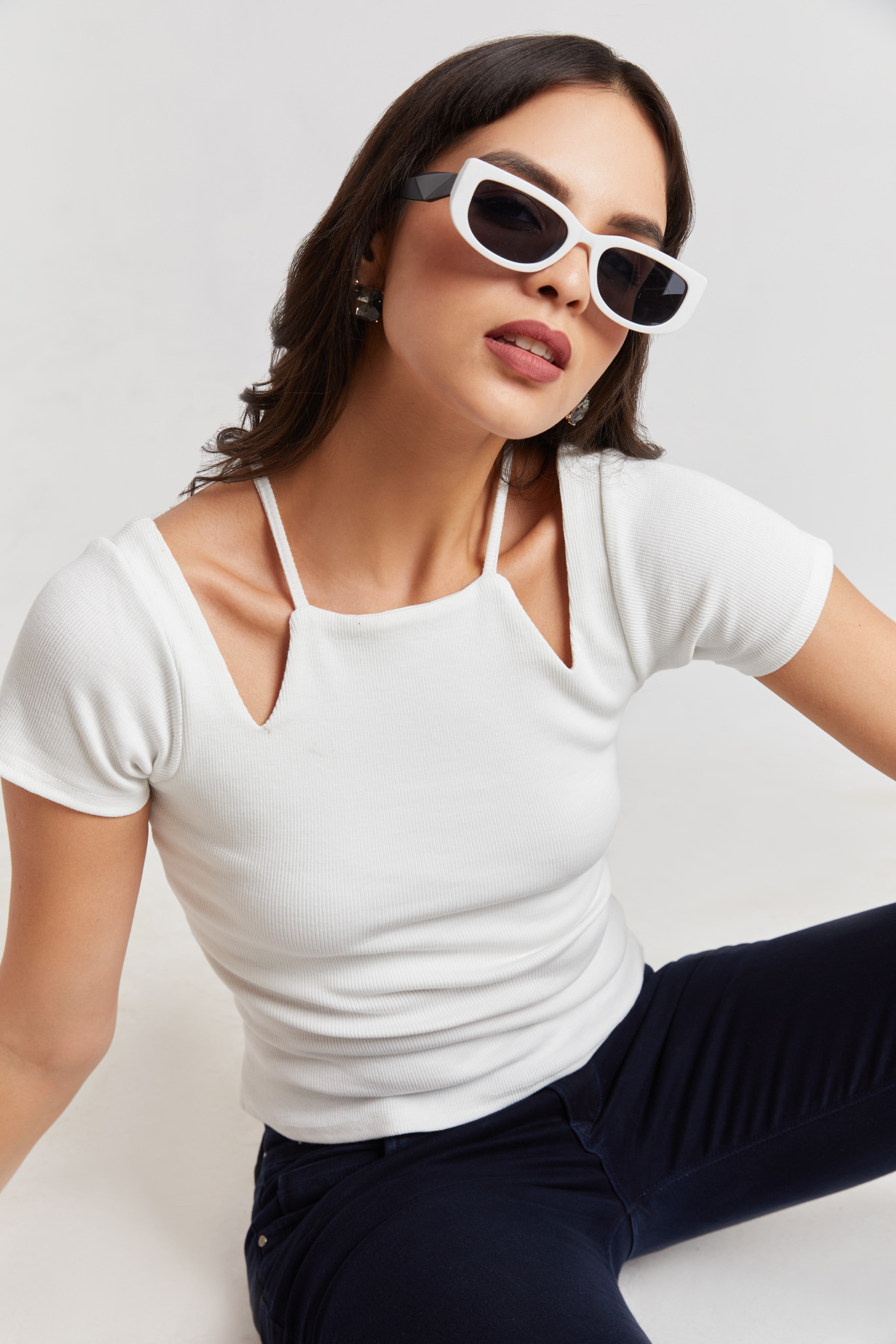 Midnight Black Ribbed Cutout Top