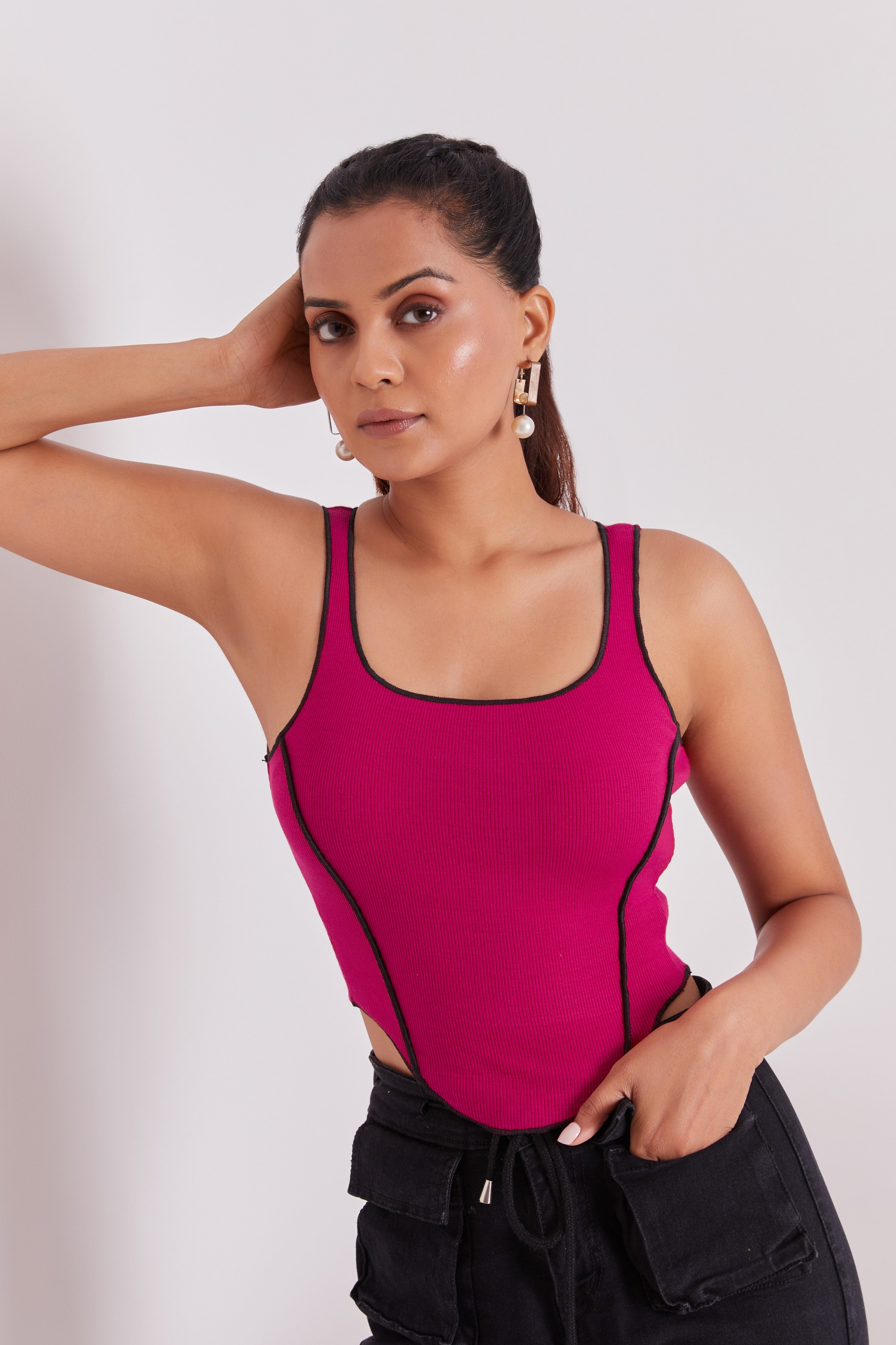 Pink Contrast Stitch Tank Top