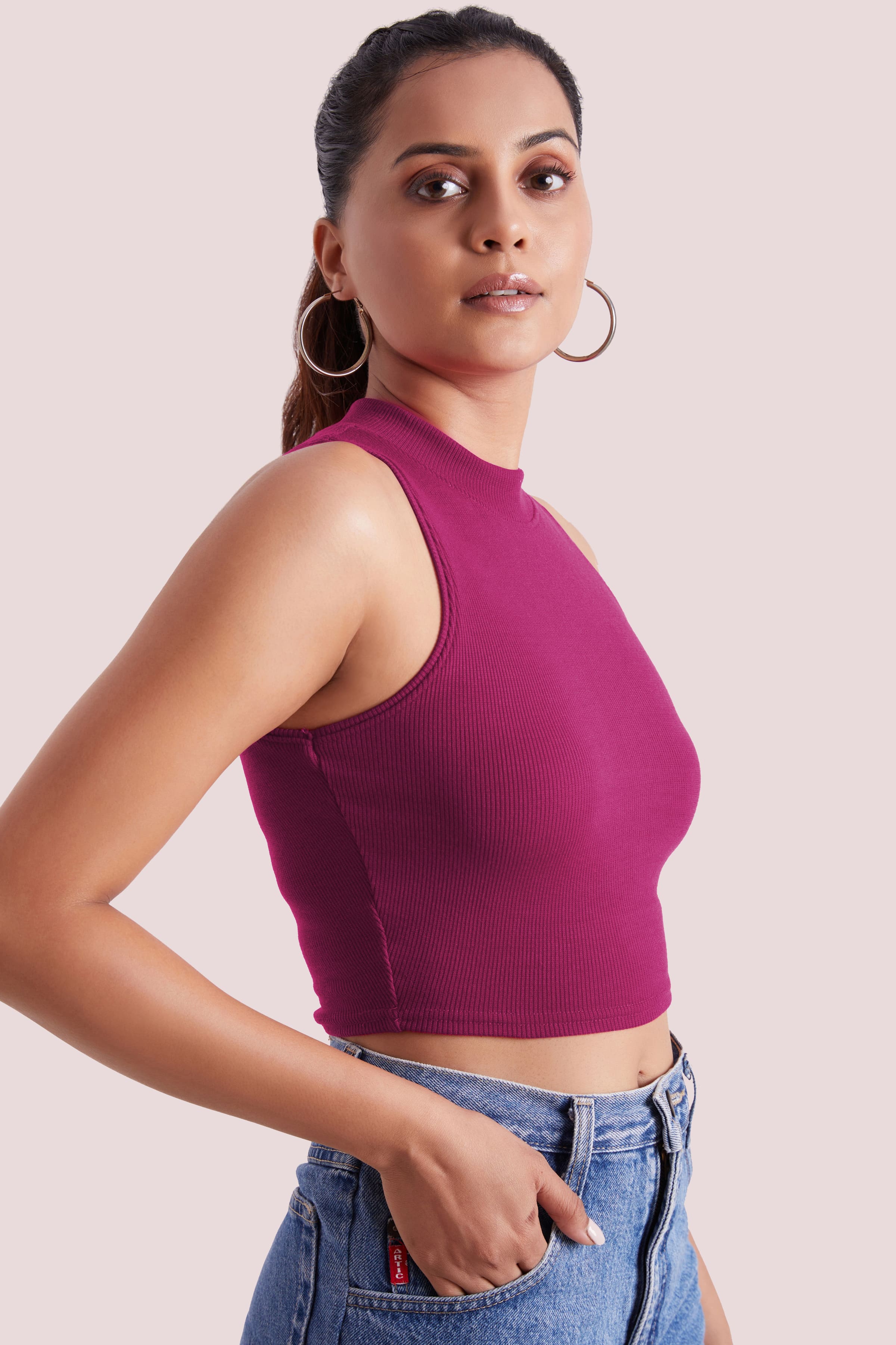 Wine Ribbed High Neck Sleeveless Crop Top
